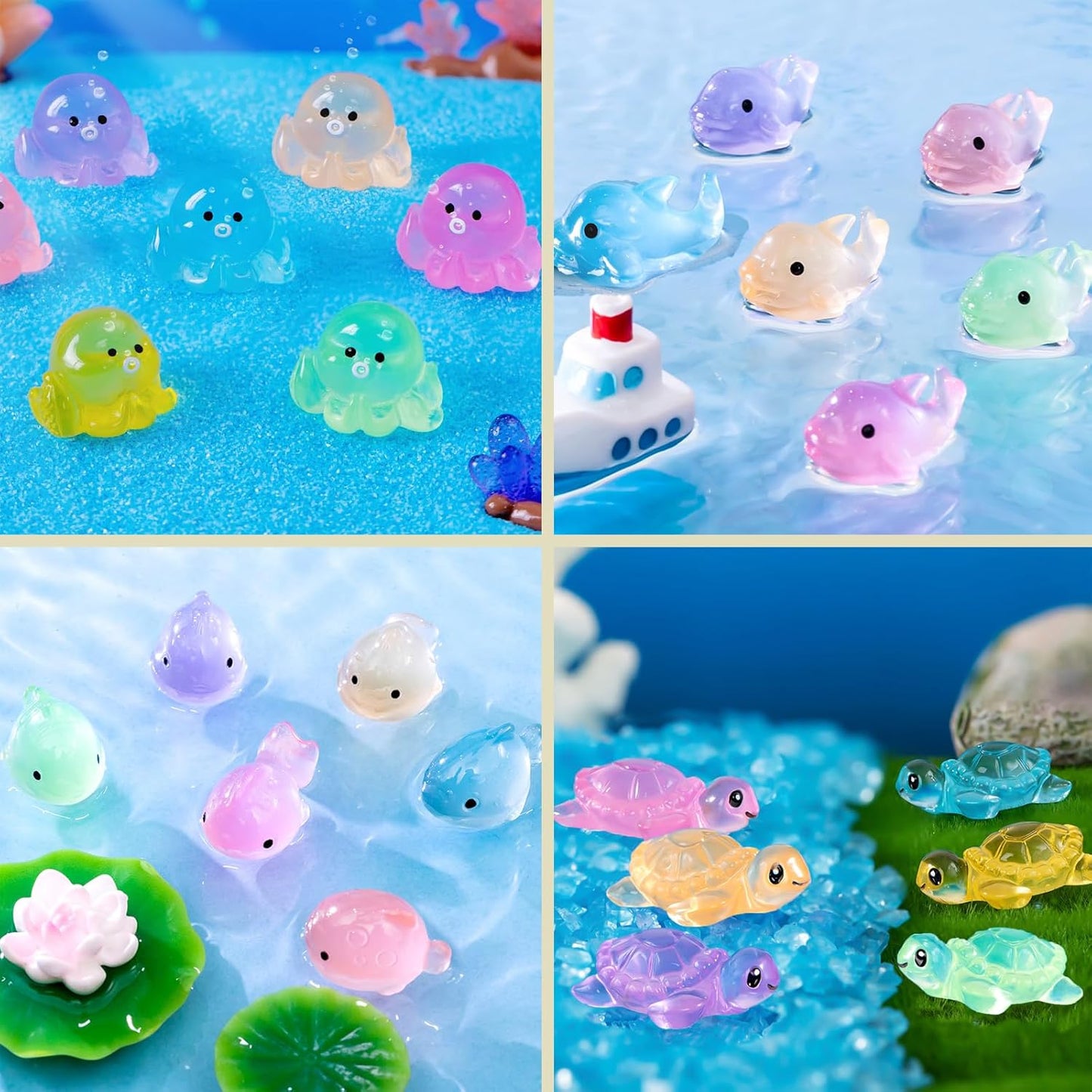 Mini Resin Ocean Animals Figures to Hide 72 PCS Luminous Tiny Miniature Figurines Bulk Glow in The Dark Include Baby Octopus Small Turtle Dolphin Fish for Aquarium Garden Micro Landscape Dollhouse