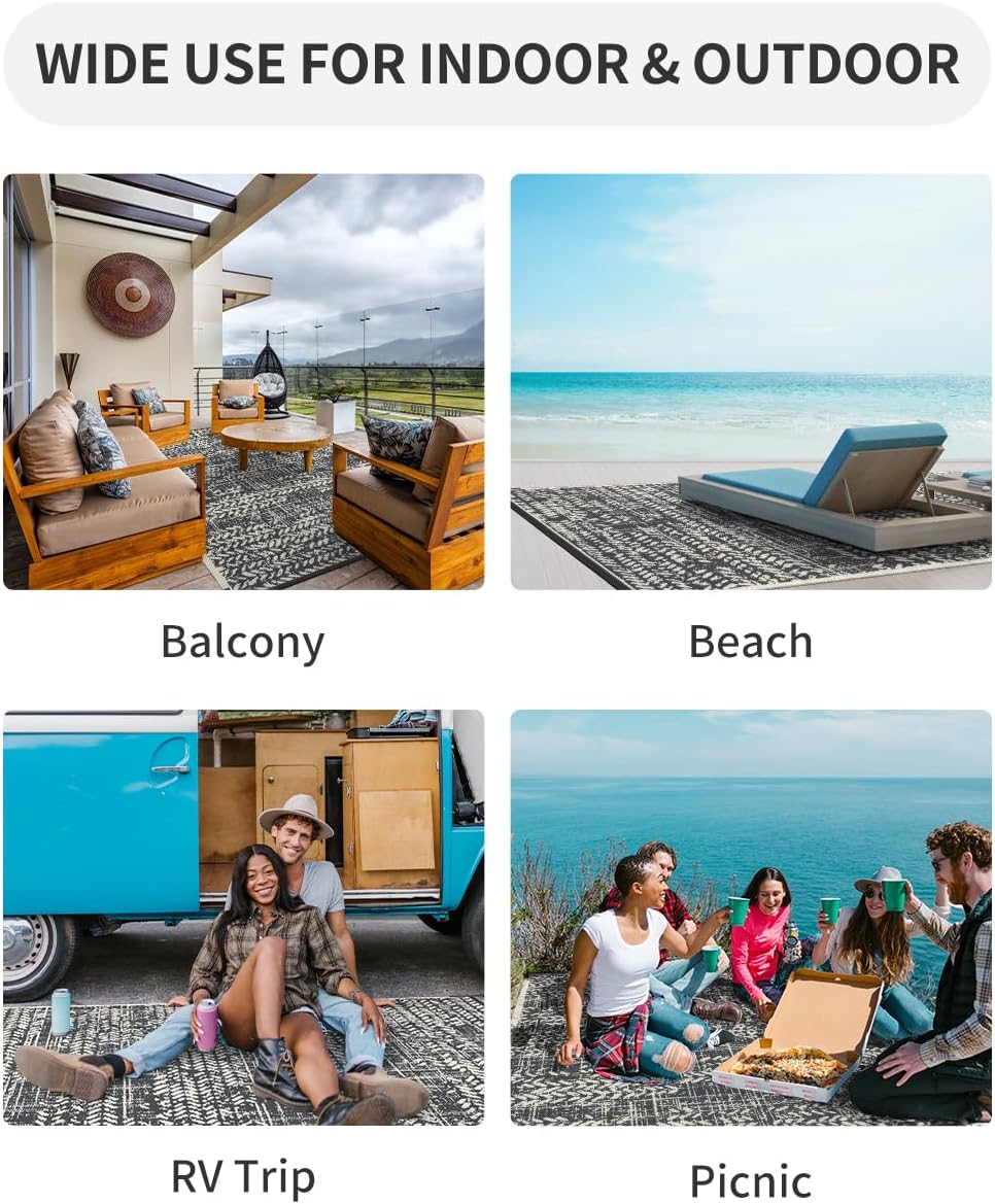 MontVoo Outdoor Rug 9x12 Waterproof-Patio Rug Outdoor Carpet Reversible RV Camping Picnic Plastic Straw Rug Outside Outdoor Area Rug for Balcony Deck Backyard Patio Decor Boho Modern Abstract Grey