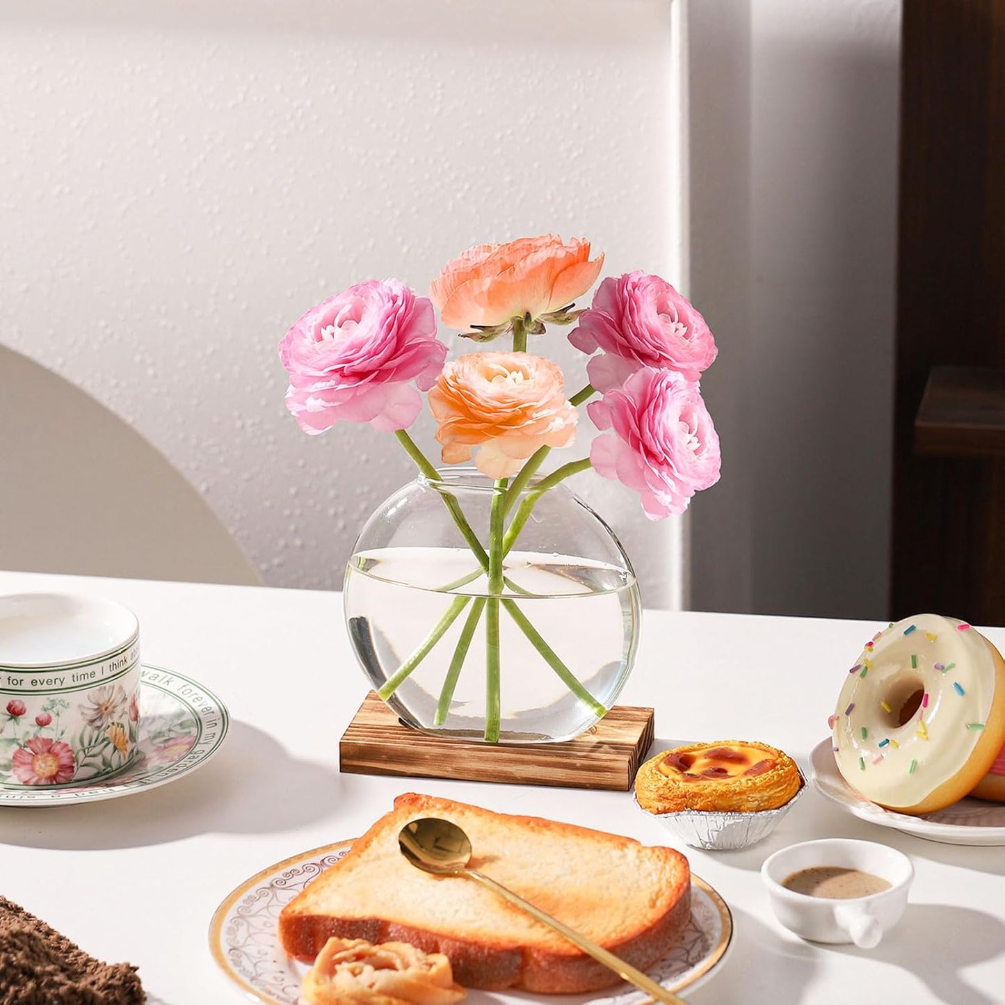 4 Pack Plant Propagation Station with Wooden Base Glass Terrariums for Indoor Plants Decorative Round Vases for Flowers Hydroponic Planter for Home Office Decor