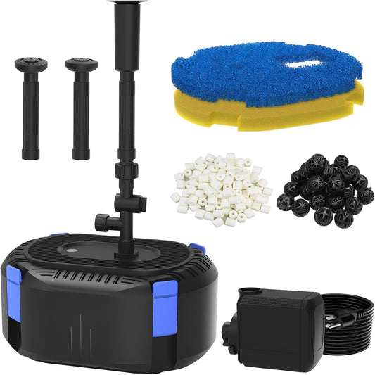 AquaMiracle All-in-One Koi Pond Filters for Outdoor Ponds 350-500 Gal, Pond Fountain Pump with 3 Spray Patterns, Fountain Kit with 550GPH Water Pump for Garden, Water Feature, Bird Baths