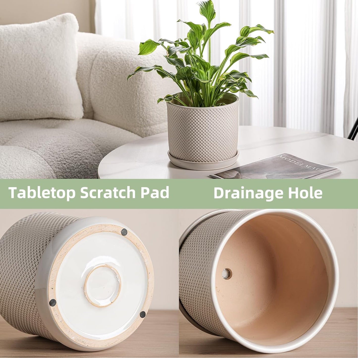 8 Inch Plant Pot: Ceramic Planter with Drainage Hole & Saucer Indoor Outdoor Plants - Flowerpot with Bonded Tray for Home Office - Beaded Embossed Style, Cream White