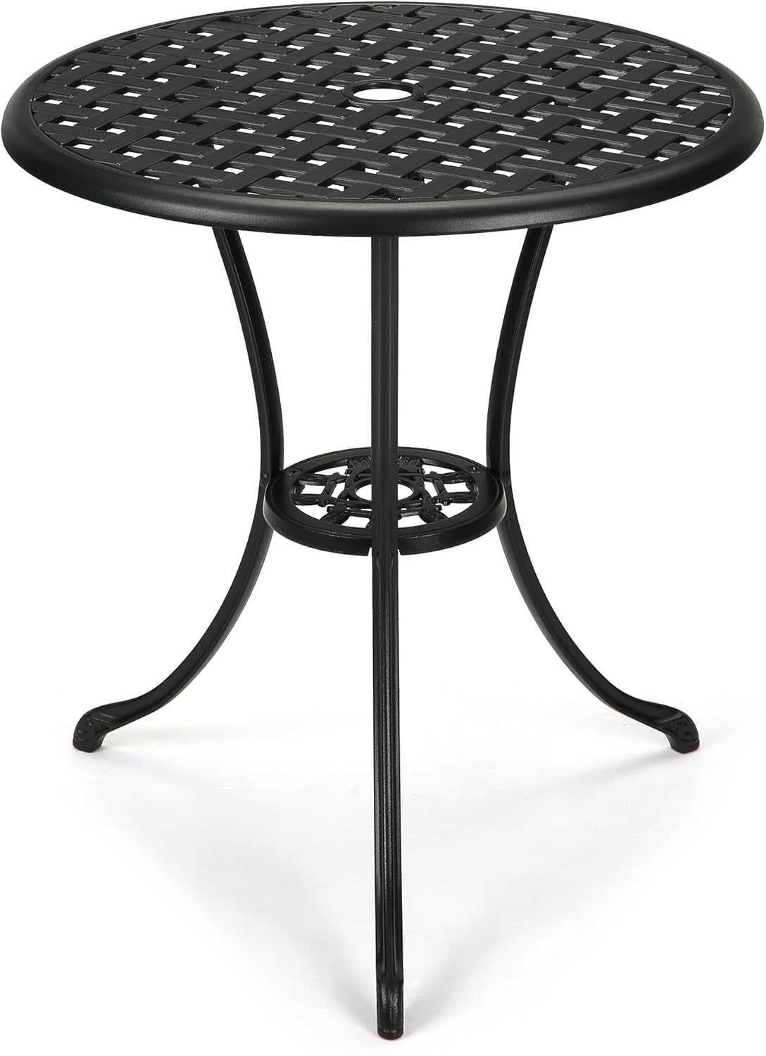 24" Outdoor Round Patio Bistro Table, Cast Aluminum Outdoor Cafe Table with 2 inch Umbrella Hole for Porch,Backyard,Garden, (Classic Square Pattern, Black)