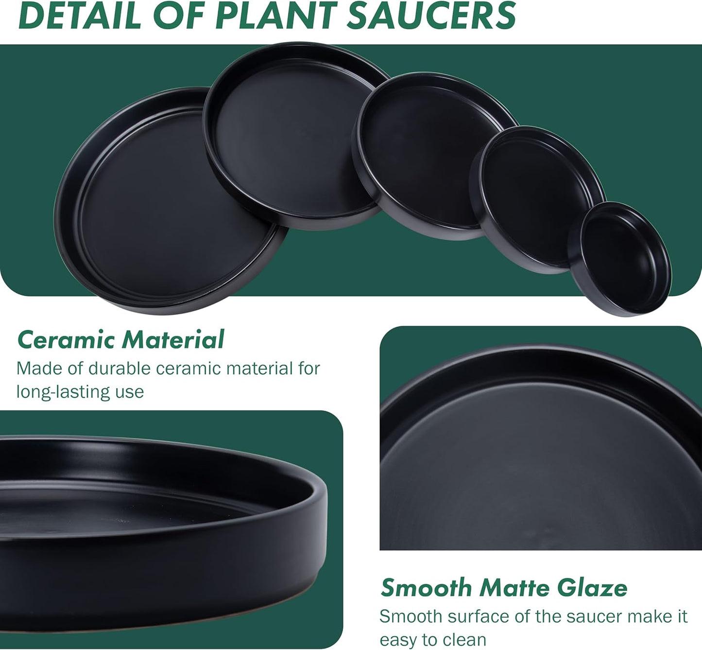 D'vine Dev Modern Round 7.1 Inch Ceramic Plant Pot Saucer, Planter Pot Drainage Tray for Indoor Plants, Matte Black, 97-T-B-3
