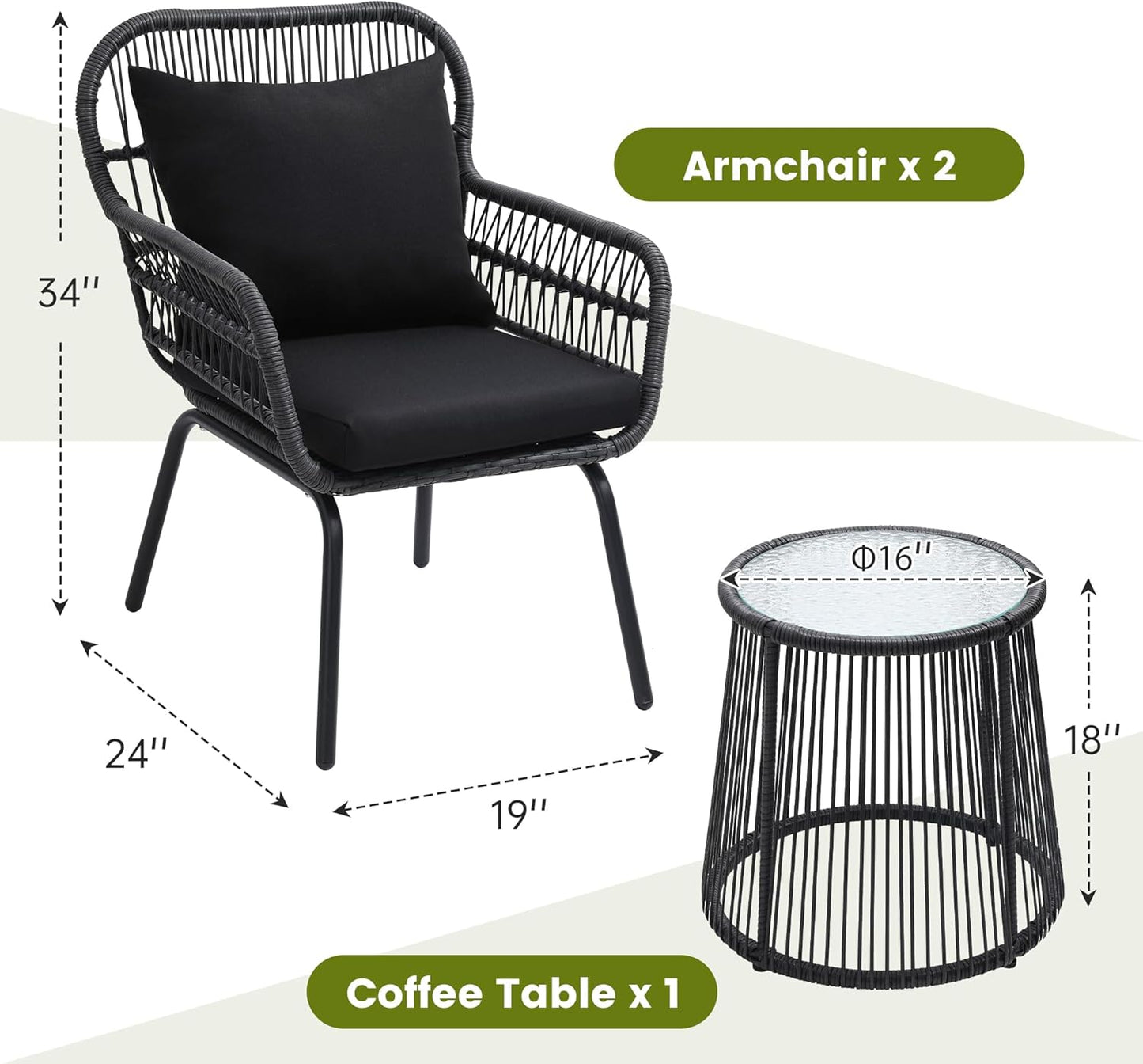 3 Pieces Rattan Wicker Bistro Set, Outdoor Conversation Set, Wicker Furniture Set with Glass Top Table, Space Saving for Balcony, Backyard, Black
