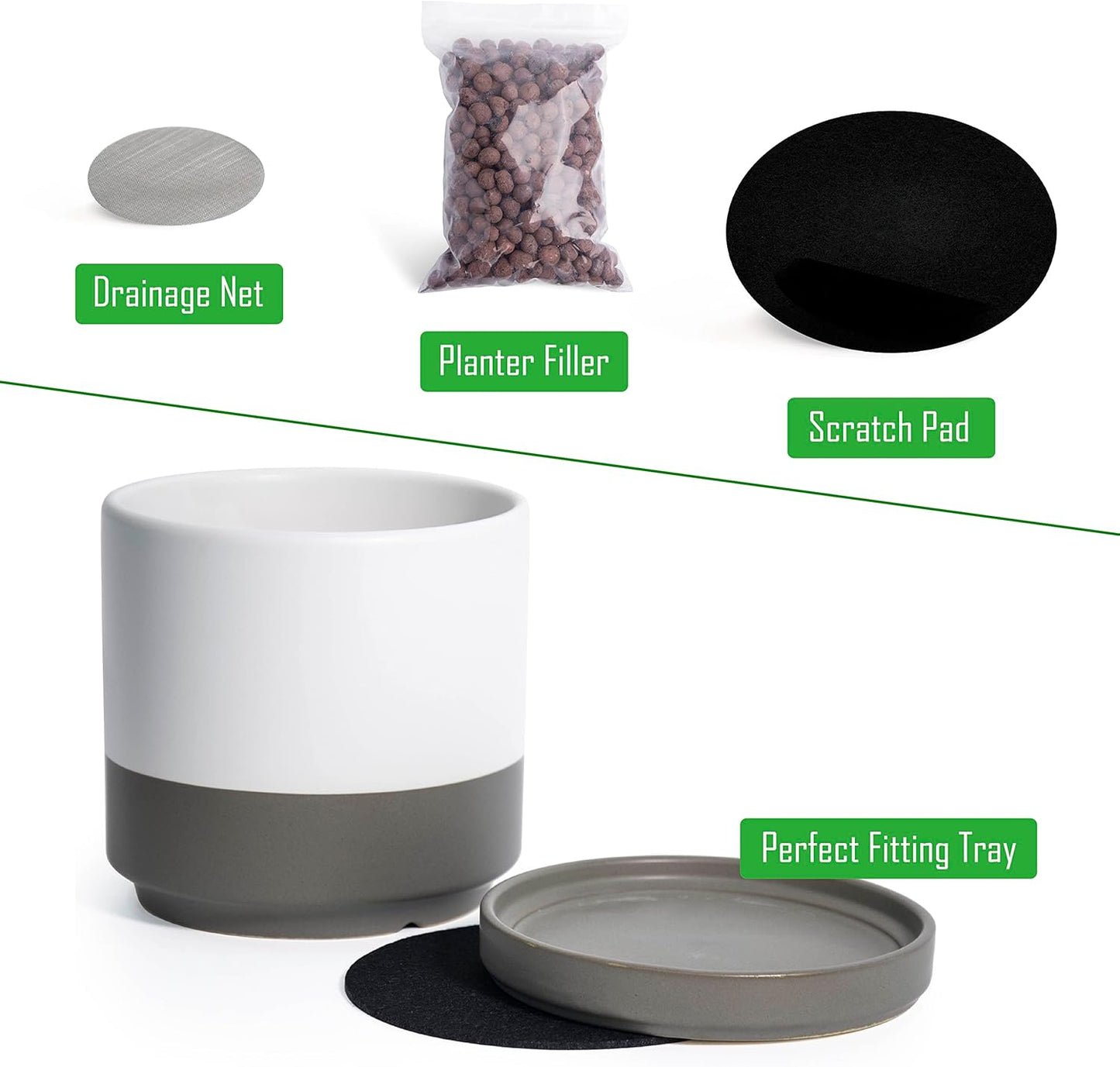 D'vine Dev Set of 4 Small Ceramic Plant Pots, 4.6 Inch Succulent Planter Pot for Plants with Drainage Hole and Saucer, White/Speckled Grey, 94-X-B-6