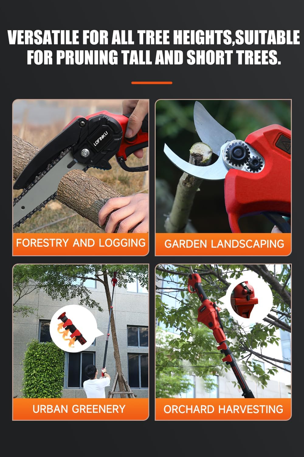 Electric Pruner Kit, 3 in 1, Max 8 ft, 2 Pcs Batteries, 6 inches cordless chainsaw & electric pruning shears with Max 8 ft Extension Pole, SK5 Blades RED