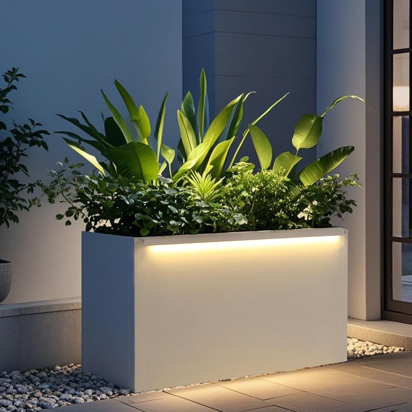 GSK White LED Metal Planter Boxes Outdoor Space LED Light Strips × 2 Durable and Stylish Rectanglular Raised Flower Trough with Drainage Holes Indoor Easy Assembly Garden Patio Balcony Porch