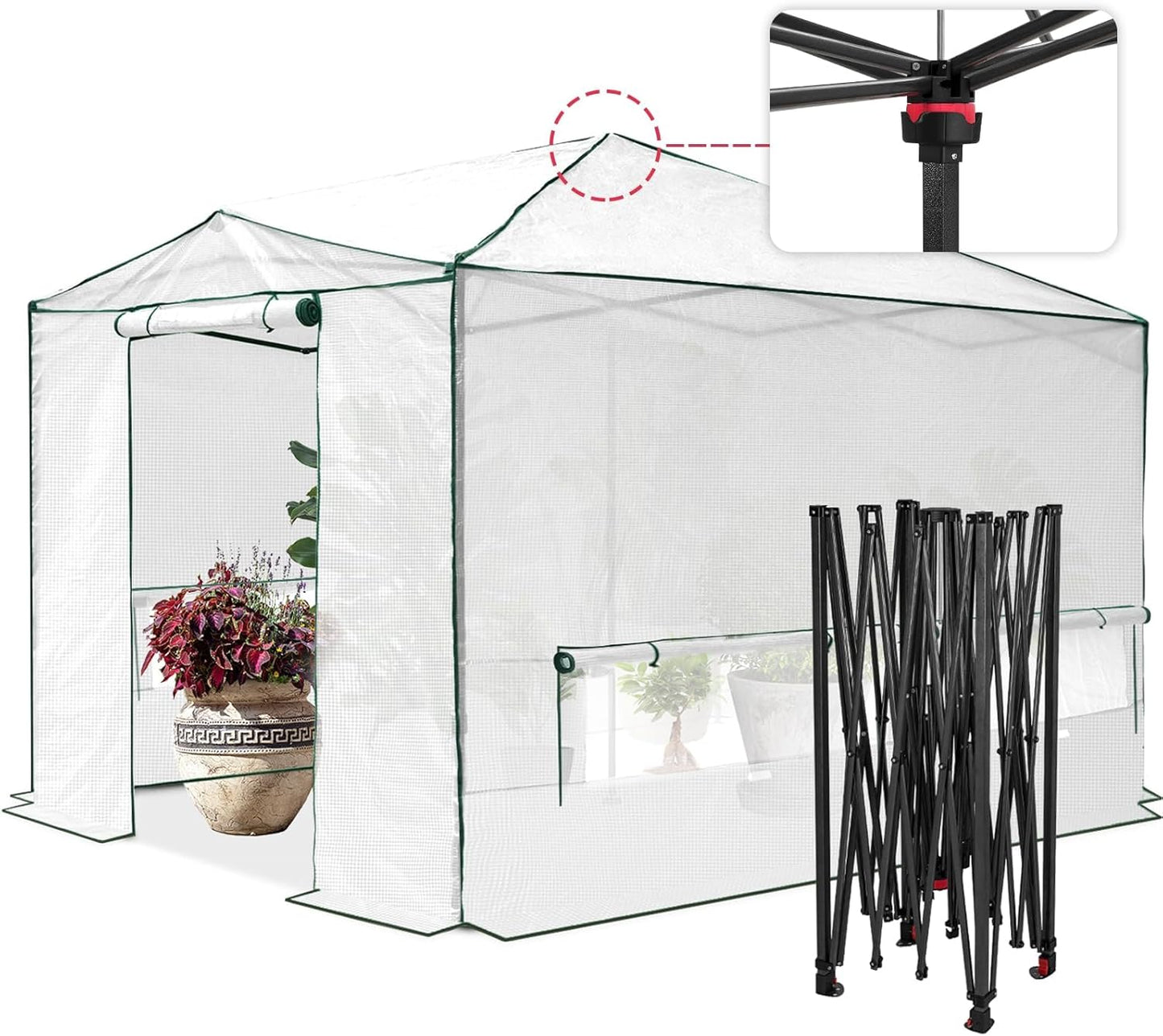 EAGLE PEAK Instant Pop-up Greenhouse, Indoor Outdoor Plant Gardening Green House, Roll-Up Zipper Doors and Side Windows, Walk in 12x8 ft, White/Clear
