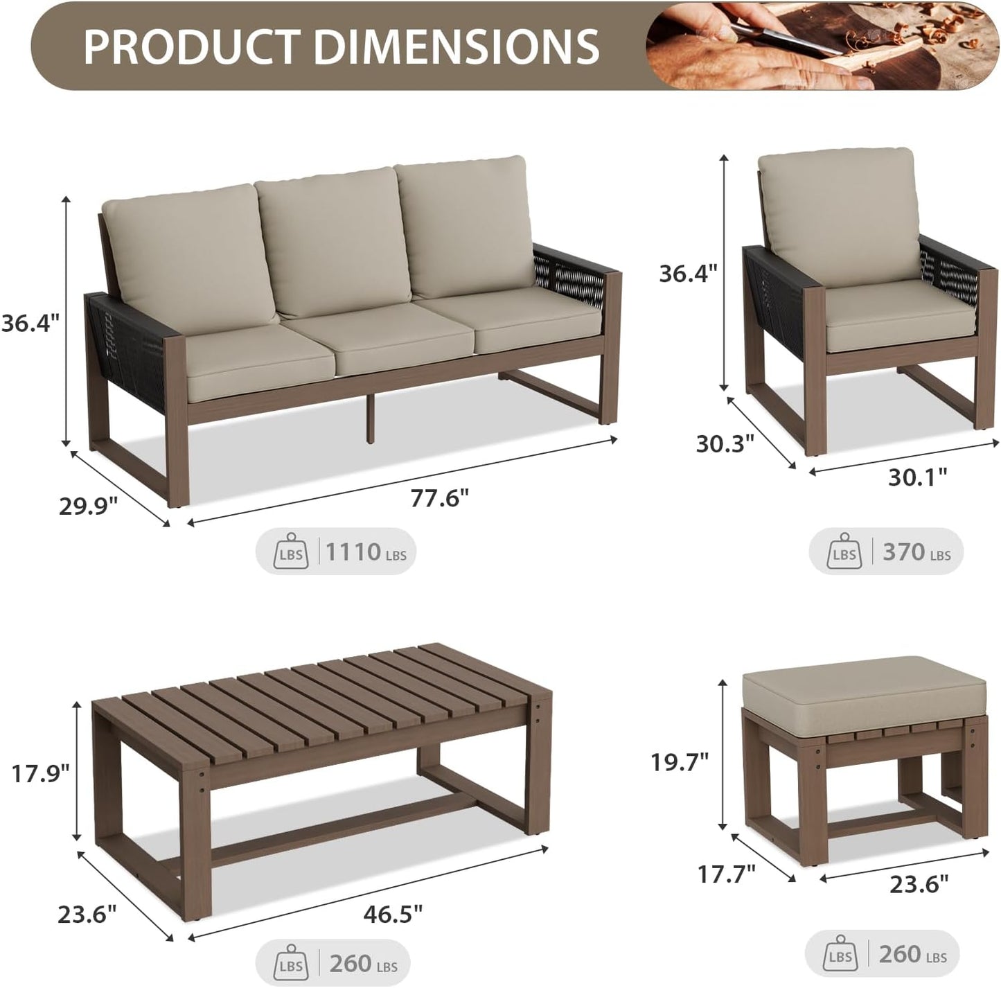 EAGLE PEAK Natural Wood Outdoor Patio Furniture, Cedar Furniture, Conversation Set, Outdoor Seating for Deck Patio Porch, Sofa 4 Chairs 2 Ottomans & Coffee Table, 8 Pieces, Brown/Beige