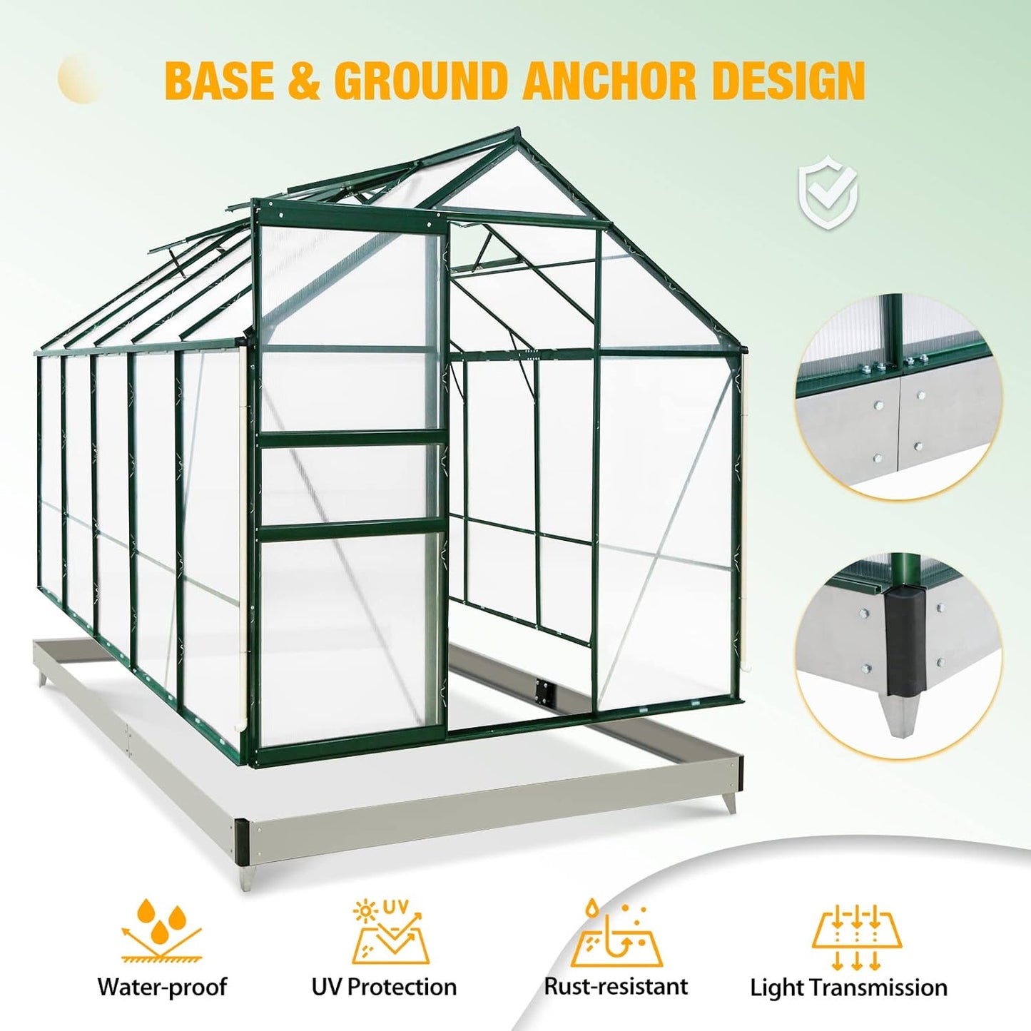 EAGLE PEAK 10x6x7 Outdoor Walk-in Hobby Greenhouse with Adjustable Roof Vent and Rain Gutter, Base and Anchor, Polycarbonate Aluminum Green House for Backyard Garden, Dark Green
