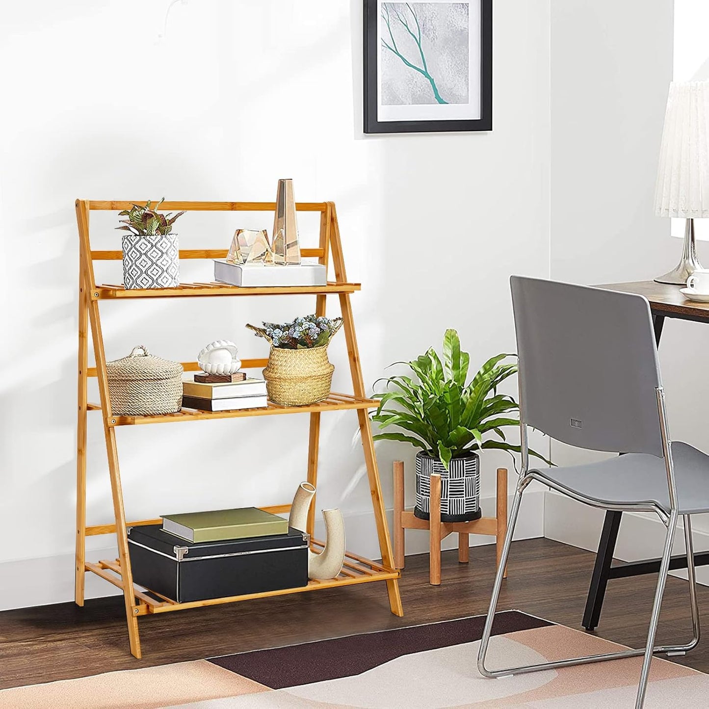 Giantex Bamboo Ladder Plant Stand, 3 Tier Folding Bamboo Plant Shelf, Foldable Flower Pot Display Shelf Rack, Multiple Plants Holder Organizer Storage Shelf for Indoor Outdoor Balcony Garden (Natural)