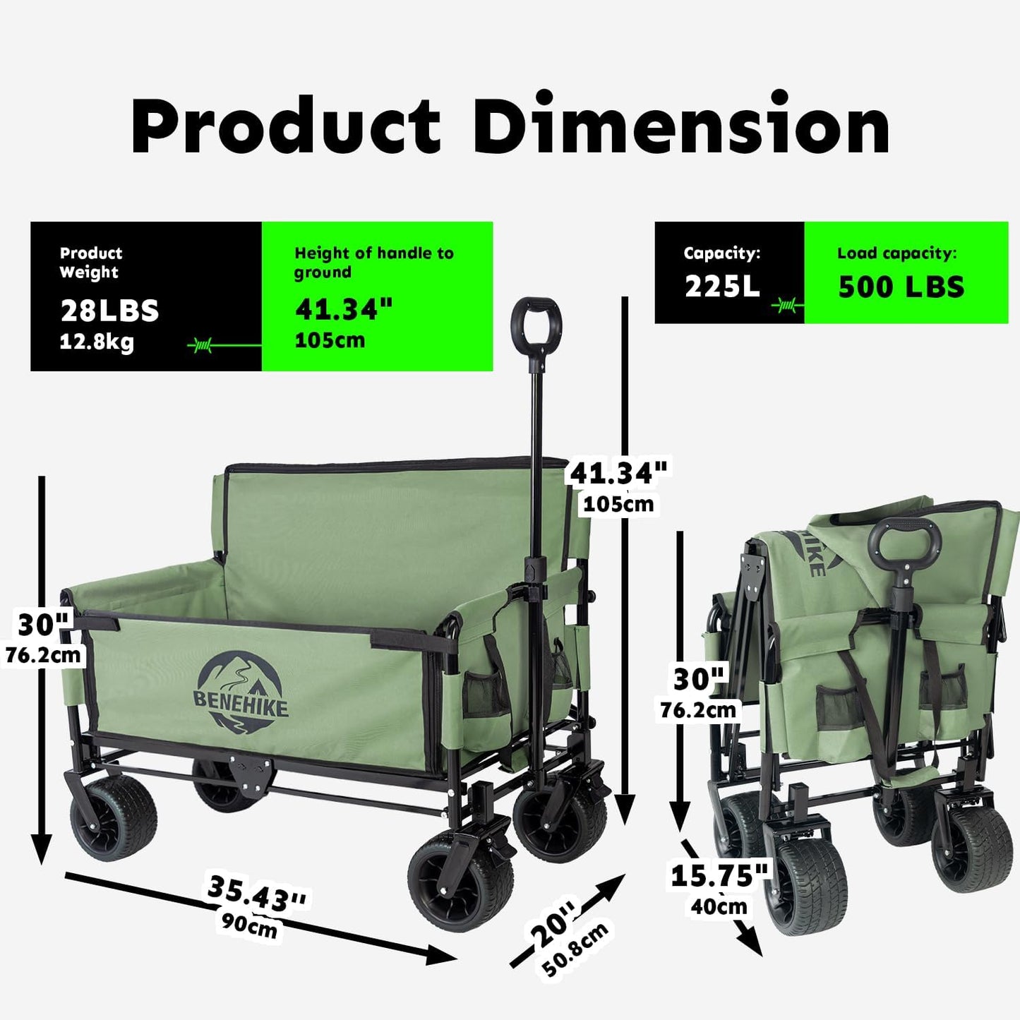 3-in-1 Large Collapsible Folding Wagon, BENEHIKE Foldable Beach Wagon with Rotated Wheels, 500lbs/225L Outdoor Utility Wagon Convert to Bench for Sand, Groceries, Camping, Sports, Shopping (Green)