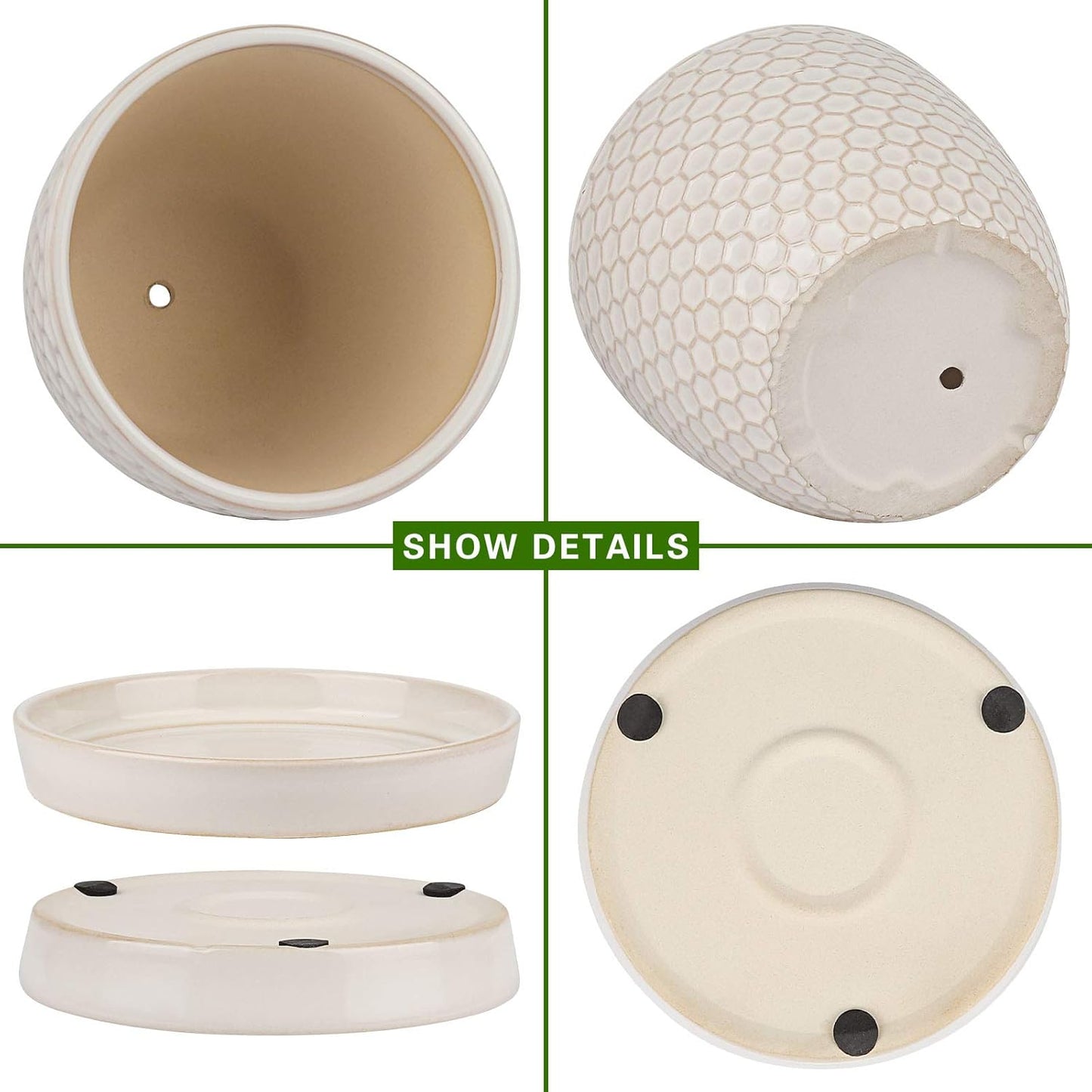 Docrin Ceramic Plant Pots Indoor, 6.6 + 5.5 Inch Flower Pots with Drainage Holes and Saucer for Plants, Set of 2, Milky White Honeycomb