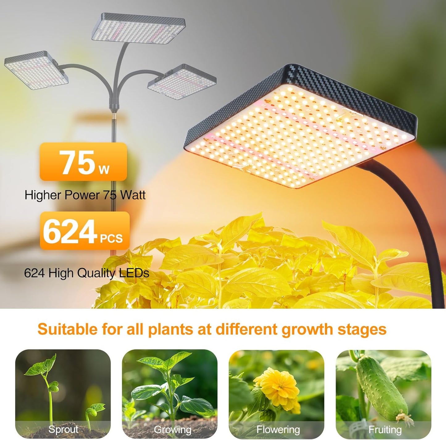 3-Head Grow Light with Stand 75W, FECiDA 2025 Grow Lights for Indoor Plants, Full Spectrum LED Plant Grow Light for Houseplants, Bonsai Tree, 4,8,12,16 Hr Timer and 360° Gooseneck
