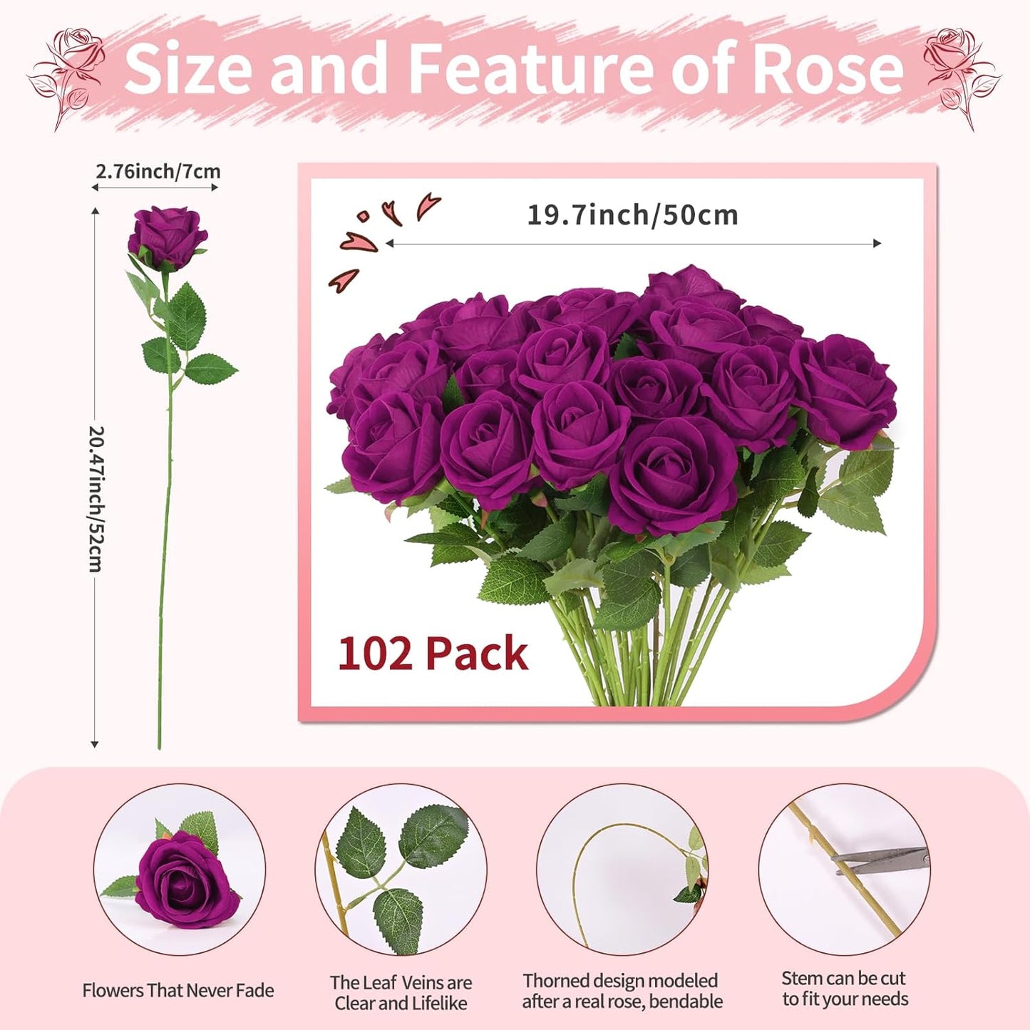 102 PCS Fake Roses Artificial Flowers Bulk, Purple Roses Bridal Bouquet Silk Faux Rose with Stems for Wedding Flowers Decoration, Valentine's Day, Bridal Bouquet,Anniversary,Home Decor (102PCS,Purple)