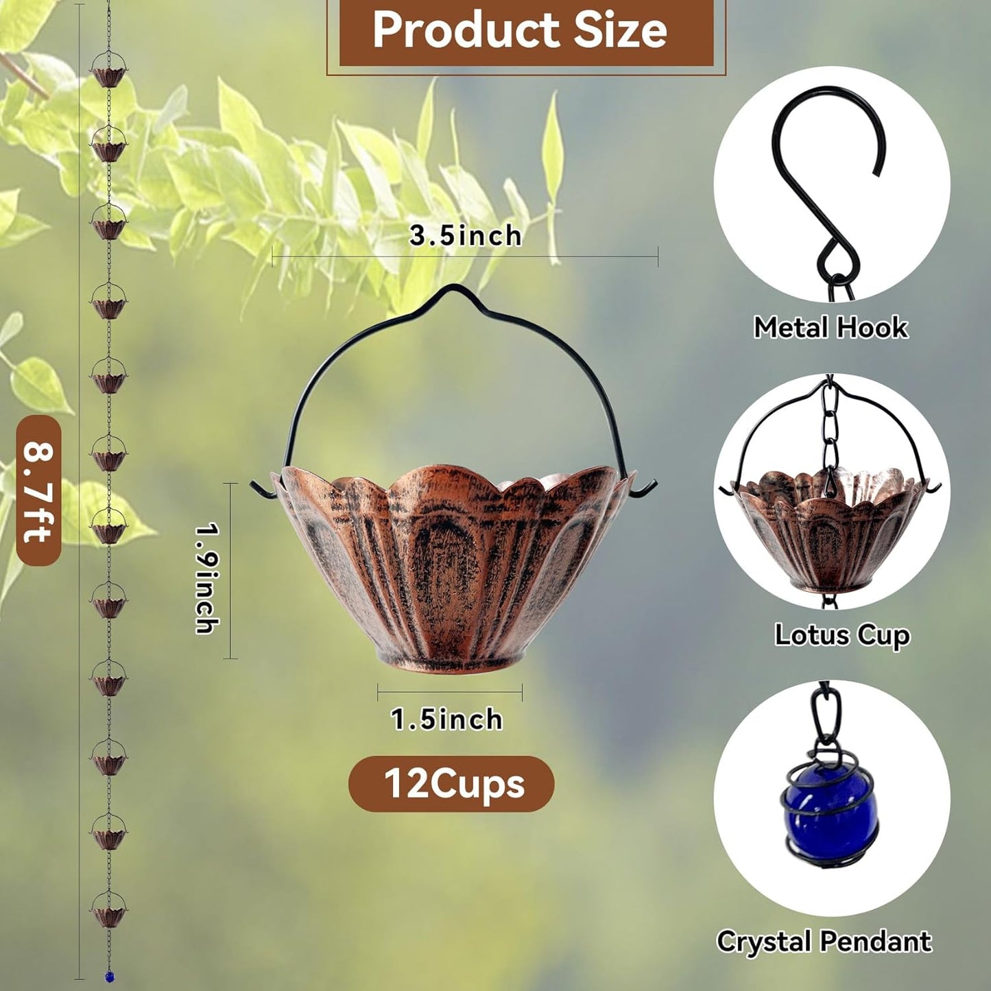 Copper Lotus Rain Chain 8.7 FT, Decorative Metal Rain Catcher with 12 Cups, Gutter Downspout Replacement