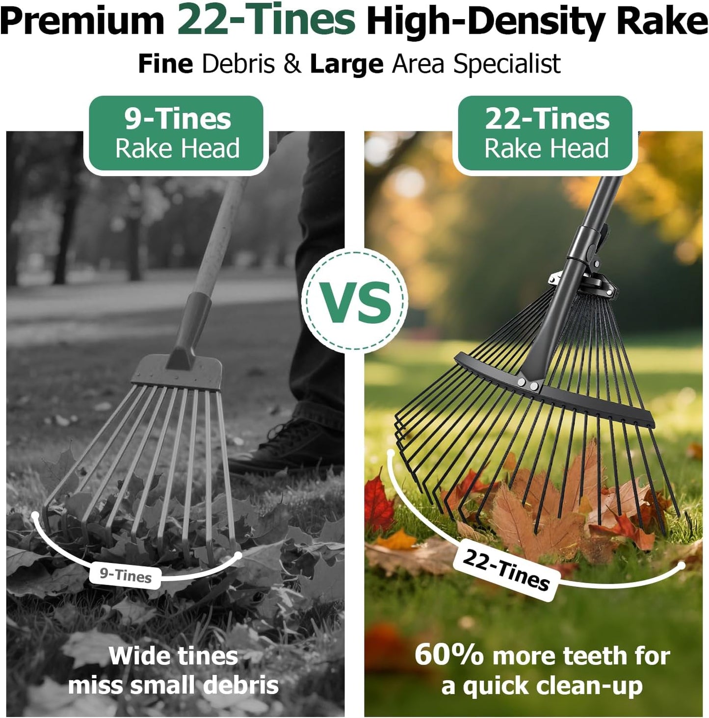Extra Wide 22-Tines Adjustable Leaf Rake & Leaf Scoops Set, 12"-22" Width Adjustable Metal Garden Lawn Rake for Leaves, Heavy Duty & Lightweight for Flower Bed/Under Shrub/Pine Needle & Narrow Space