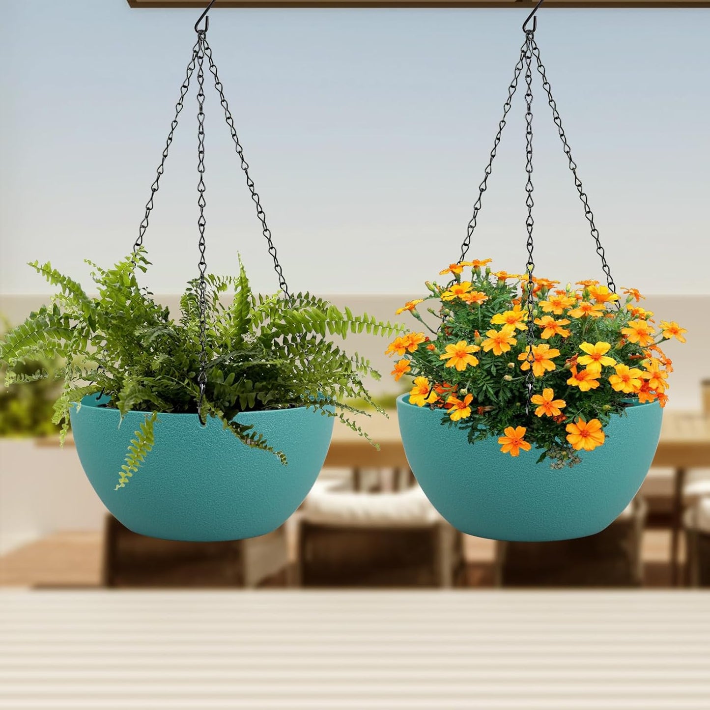 8 inch Small Hanging Planters Plant Pots for Indoor Outdoor Plants, 2 Pack Hanging Flower Pots with Drainage Holes and Chain for Garden, Plastic Hanging Baskets for House Plants, Blue Green