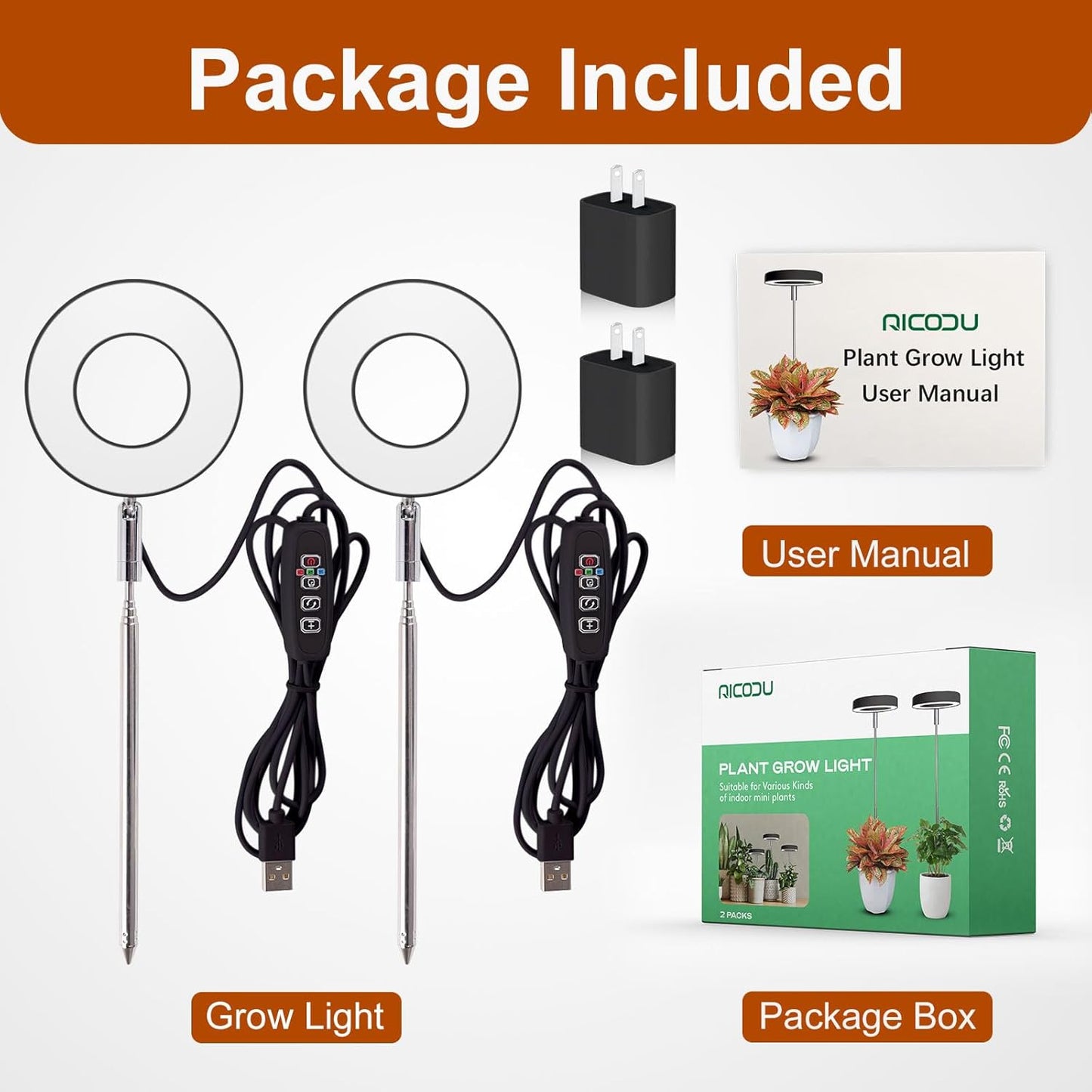 Grow Lights for Indoor Plants Small Potted - Full Spectrum, Auto 3/9/12H Timer, 10-Level Dimming & Adjustable Height - Compact Grow Light for Succulents, Herbs, Foliage in Home/Office (Black,2PACKS)