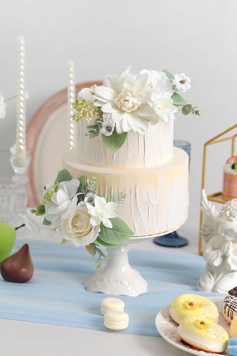 YYHUAWU Fake Flower Heads Mini White Artificial Flower Faux Dahlia Rose Flowers Multicolor Silk Daisy Flower Heads for Craft Garland Wedding Bridal Baby Shower Home Party Decoration DIY Cake Decor