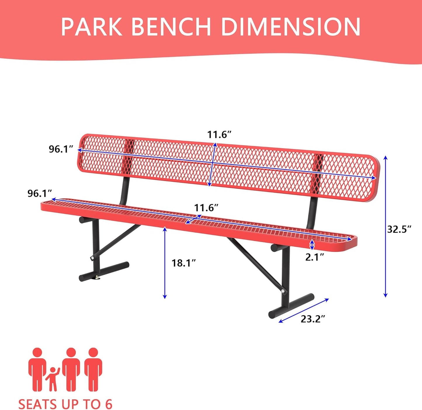 4/6/8 Feet Park Bench for Outside Heavy Duty Metal, Garden Benches Outdoor Bench with Backrest & Portable Frame, for Shopping Malls Stores Parks Patios Decks, Red