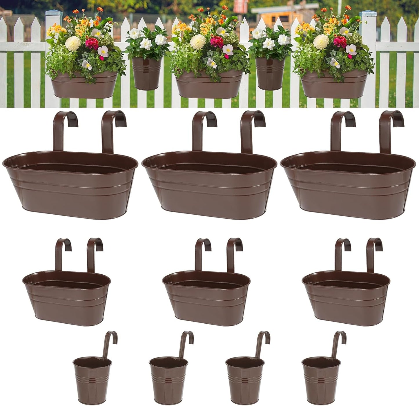 3 Different Size Metal Iron Hanging Flower Pots 10 Pcs for Outdoor Plants Metal Hanging Bucket Pots Iron Railing Fence Planter with Drainage Holes and Hooks for Porch Railing Balcony Fence (Bronze)