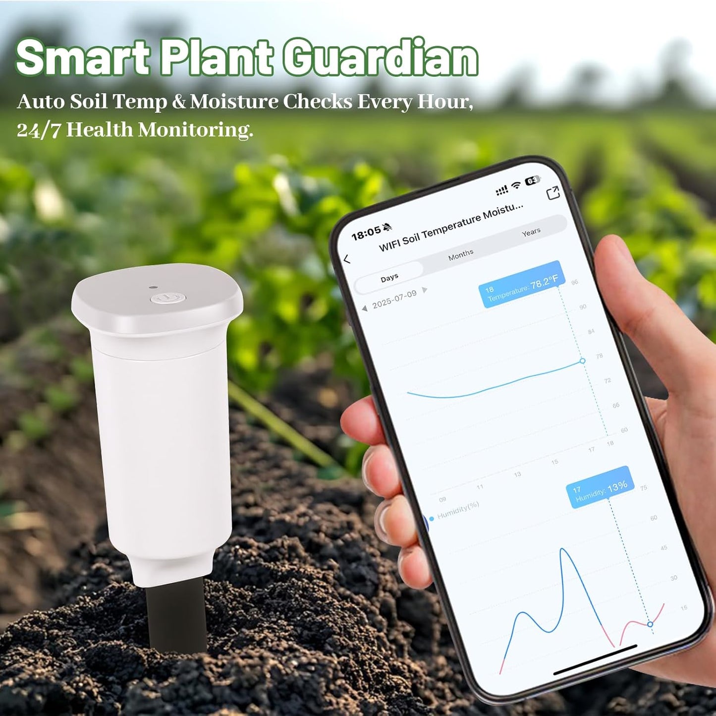 Digital Soil Moisture Meter WiFi for Plants 2-in 1 Soil Moisture/Temperature Meter with App Remote Monitor for Outdoor/Indoor Plants Wireless Smart Soil Moisture Sensor Plant Water Meter Accessories
