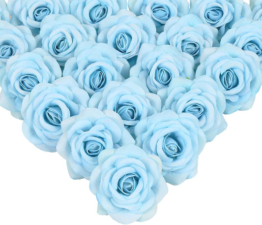 25PCS Artificial Rose Flower Heads Light Blue Rose Flower with Stem Velvet Rose Flowers Heads Bulk for DIY Wedding Home Party Baby Shower Decor(Light Blue)