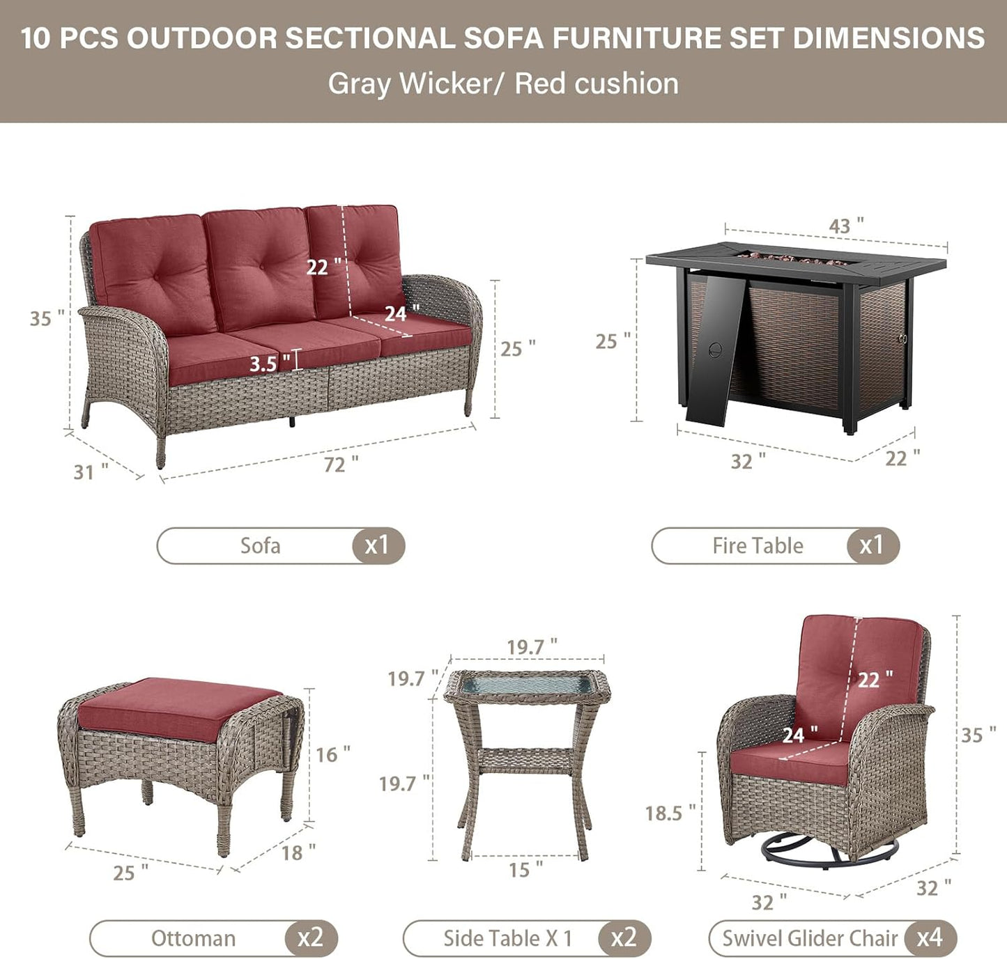 Expansive 10 Pieces Outdoor Patio Furniture Set with 43” Propane Fire Pit Table, Patio Conversation Set with Swivel Rocker Outdoor Chairs Set of 4 and Sofa, Ottoman and Wicker Side Table Gray