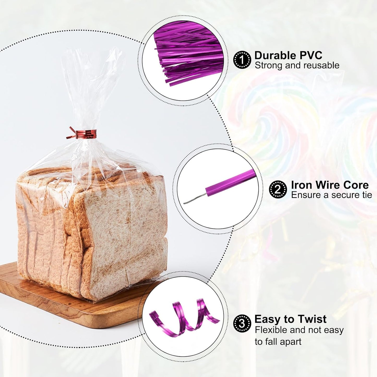 HARFINGTON 800pcs Bag Twist Ties 6" Reusable Plastic Metallic Twist Ties Wire Cable Ties for Party Bread Candy Cake, Pink