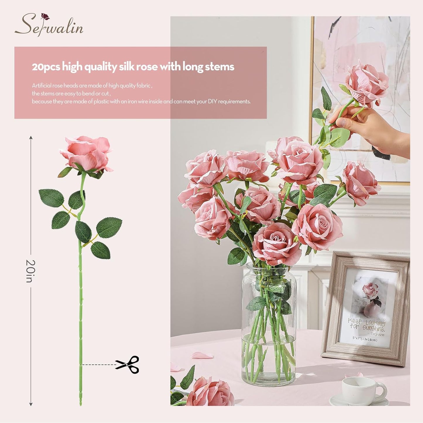 Serwalin 20PCS Artificial Roses, 4'' Big Flower Head, Dusty Pink Velvet Long Stem Roses, Silk Fake Roses Bouquet for Wedding Home Decor and Table Centerpiece