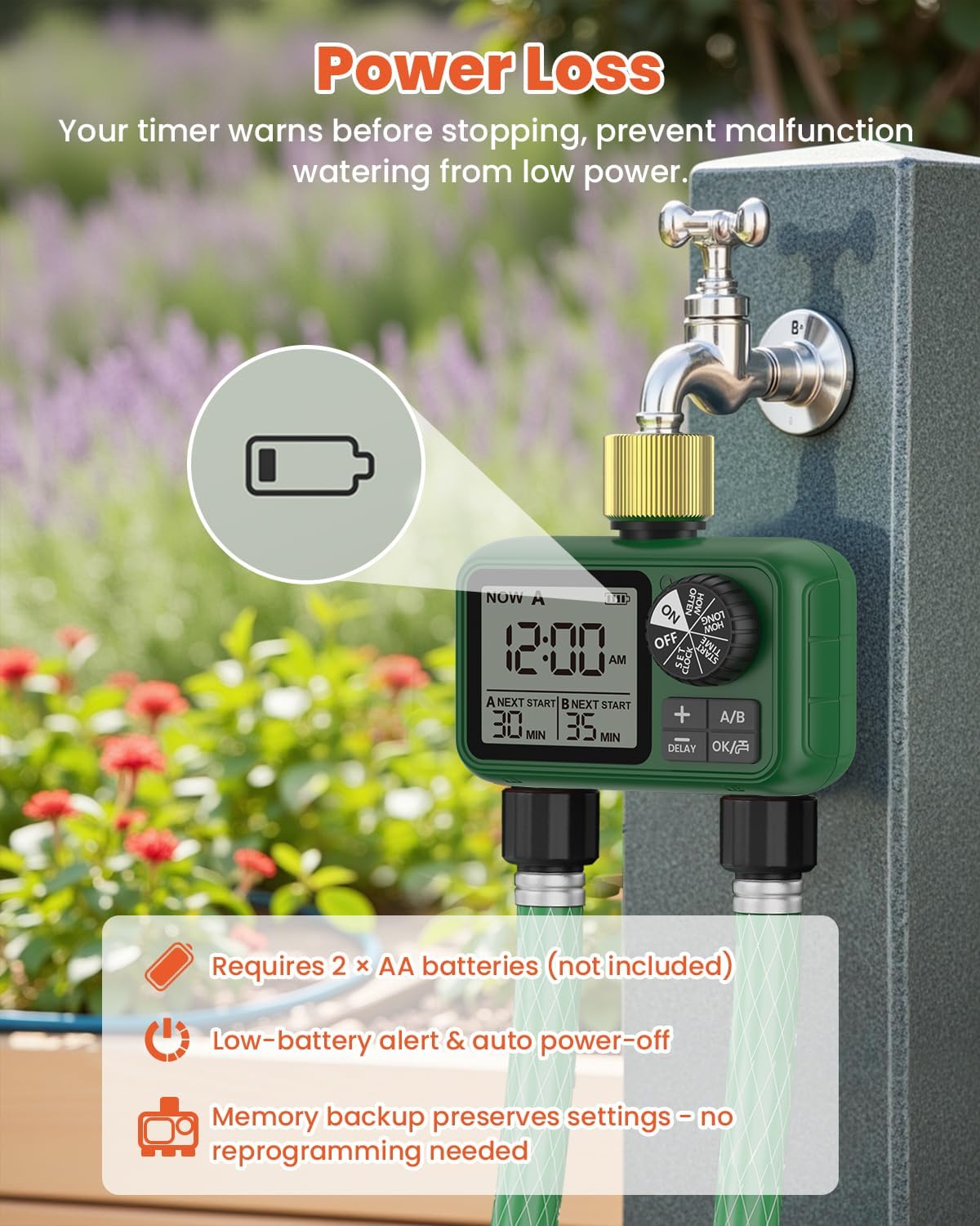 2 Outlet Sprinkler Timer Brass, XinFuture Programmable Water Sprinkler Controller for Yard, Lawn & Greenhouse, Automatic/Manual/Rain Delay Mode, Compatible with Drip Irrigation Systems
