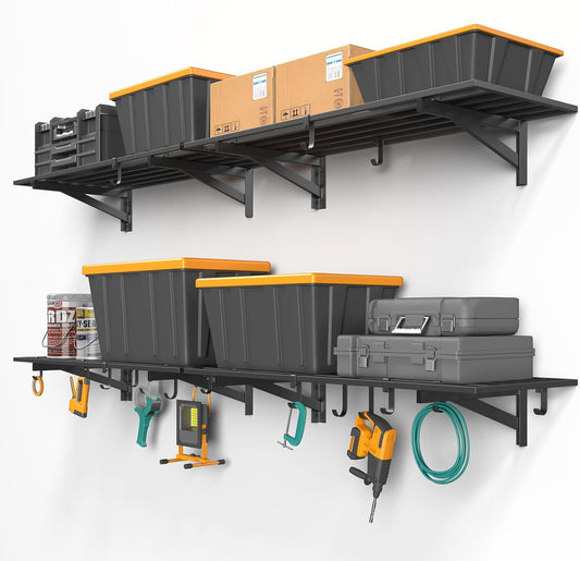 4-Pack 1.5x4ft Garage Shelving Wall Mounted, 1.5 x 4' Heavy Duty Garage Storage Shelves with Hooks, 800LB Capacity