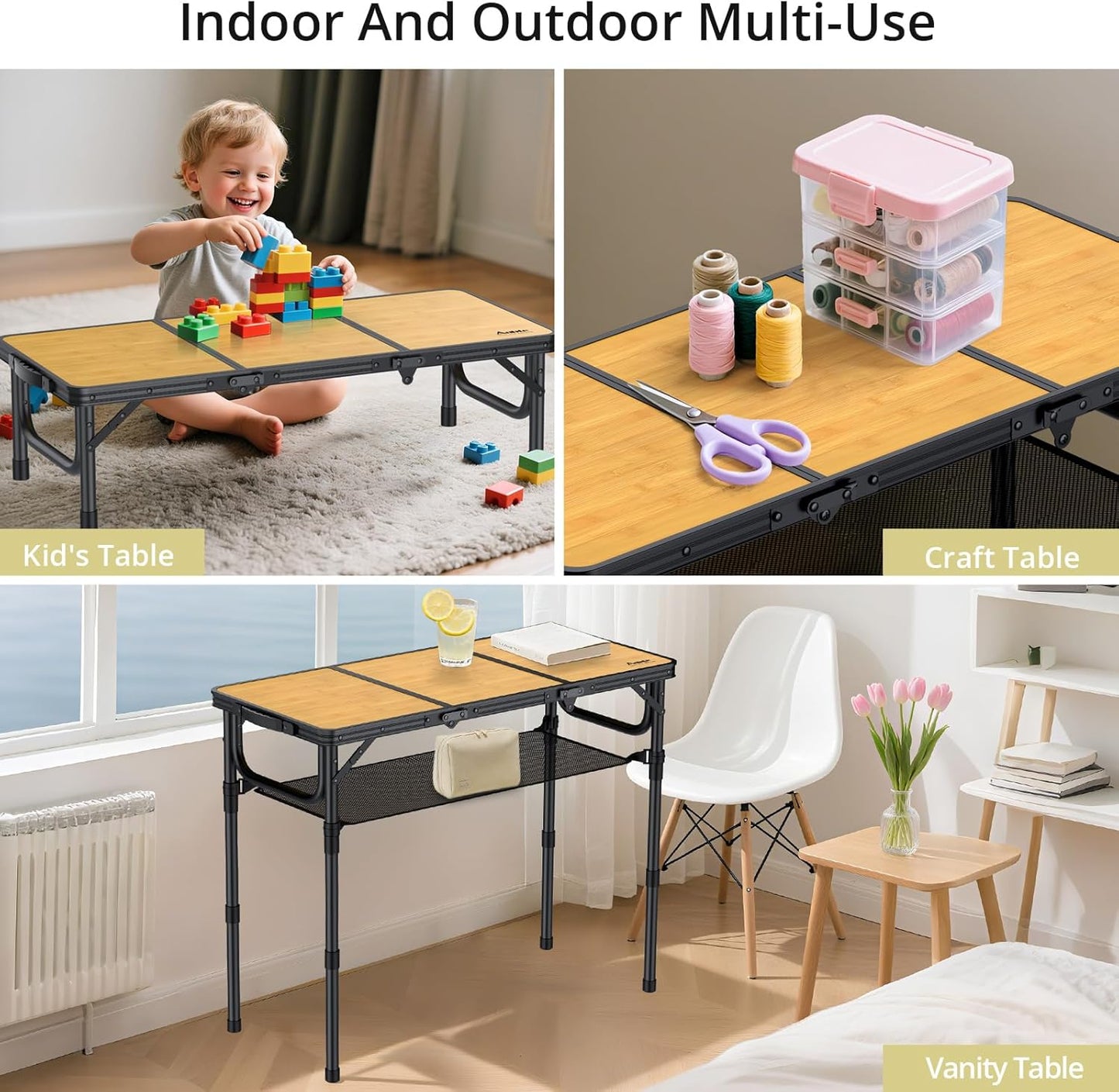 3ft Camping Table Foldable with Storage Net and Bag, 3 Adjustable Heights High 27.5" Aluminum Camping Table, Portable, for Outdoor Indoor Backyard BBQ Cooking Party Picnic Beach, Yellow