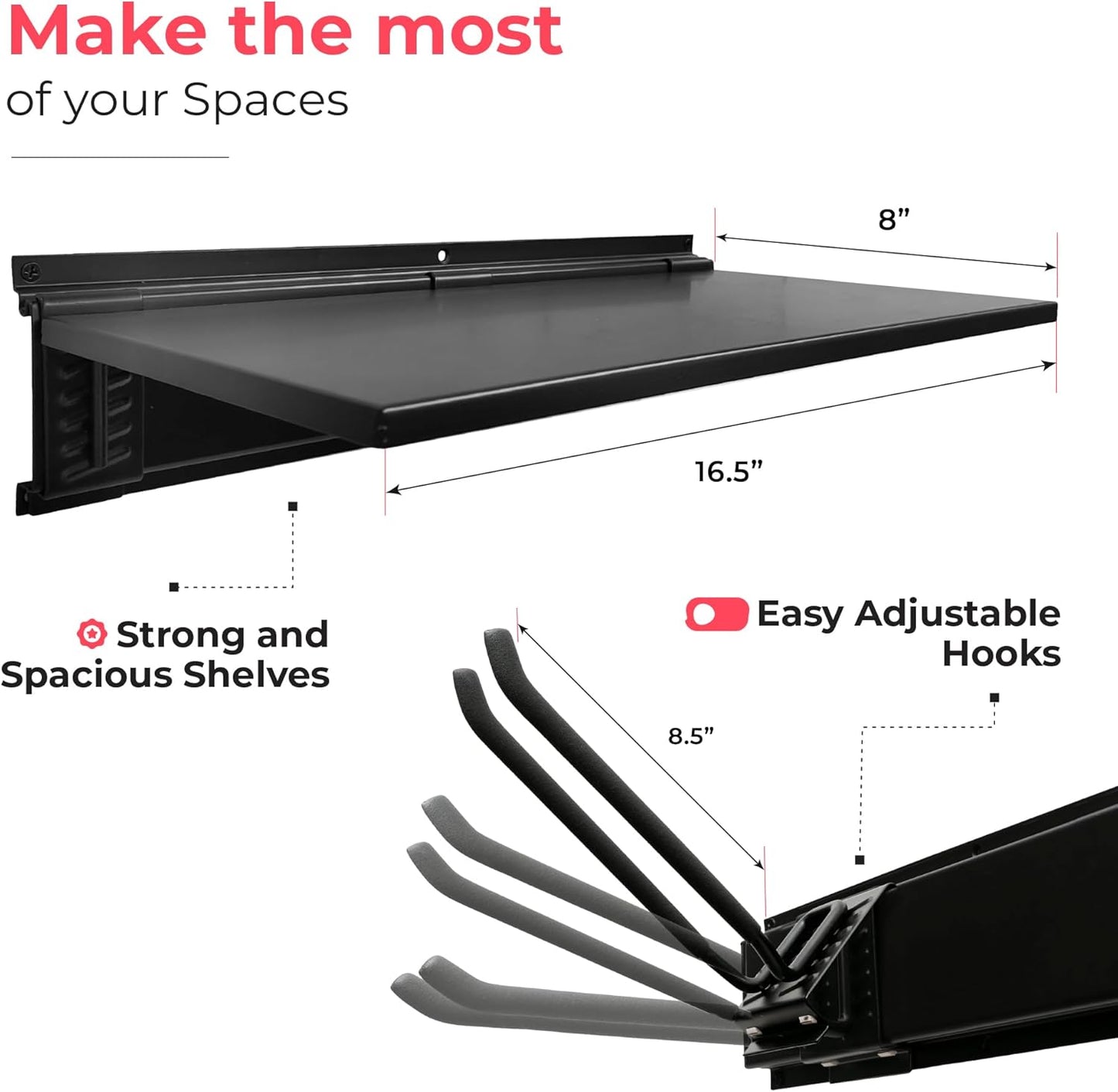 Heavy-Duty Garage Wall Storage System | Wall Mounted Tool Organizer Rack with Shelving | 10-Piece Mounting Kit | Includes 4x8.5” Adjustable Hooks & 2x16.5” Floating Utility Shelves
