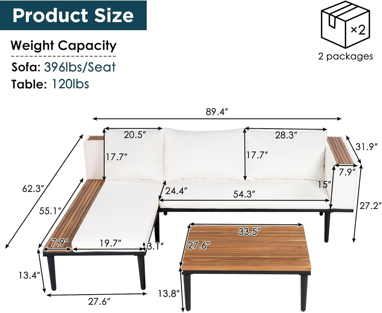 Acacia Wood Patio Furniture Set, Luxury Outdoor Conversation Sectional Sofa with Removable Cushions and Coffee Table, Side Table, L-Shaped Sofa Set for Backyard, Porch (Beige/17)