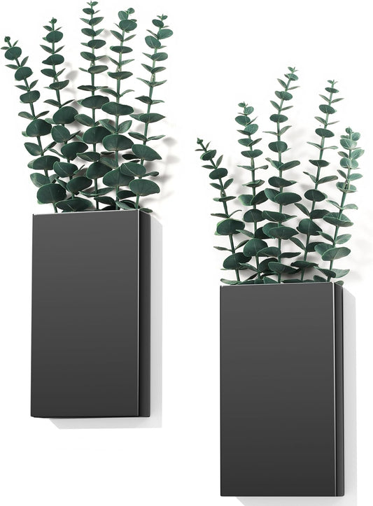 2 Pack Metal Wall Planter Vases Decor with Artificial Eucalyptus, Modern Farmhouse Rustic Hanging Pocket Planters for Indoor Greenery and Flowers, Living Room Bedroom Kitchen Decoration, Black