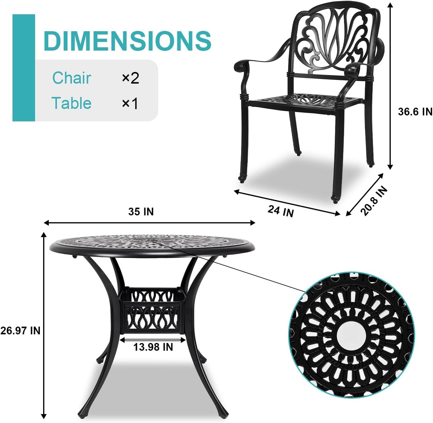 3 Piece Outdoor Bistro Set, All-Weather Patio Cast Aluminum Table and Chairs Set of 2 with 2.4" Umbrella Hole for Patio, Front Porch,Garden, Backyard, Balcony, Black