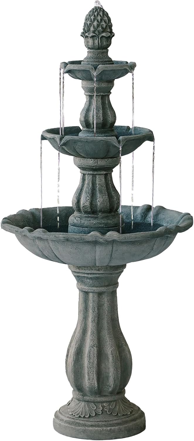 XBrand 3-Tier Freestanding Waterfall Fountain w/Pump & Pineapple Top, 51 Inch Tall, Grey, Large Outdoor Garden Fountain, Ideal for Garden, Porch, and Lawn