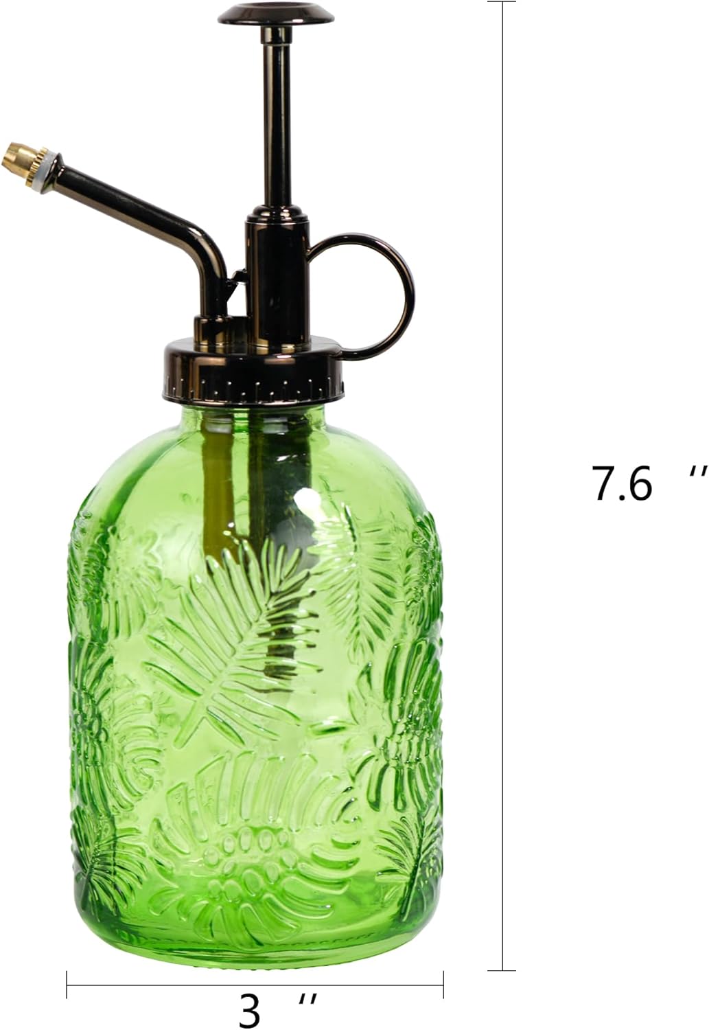 11.8 Ounce Glass Plant Spray Bottle, Glass Leaf Print One Handed Watering Can with Antique Brass Plastic One Handed Top Pump, 7.6 Inch Tall Indoor and Outdoor Plant Small Spray Bottle (Green)