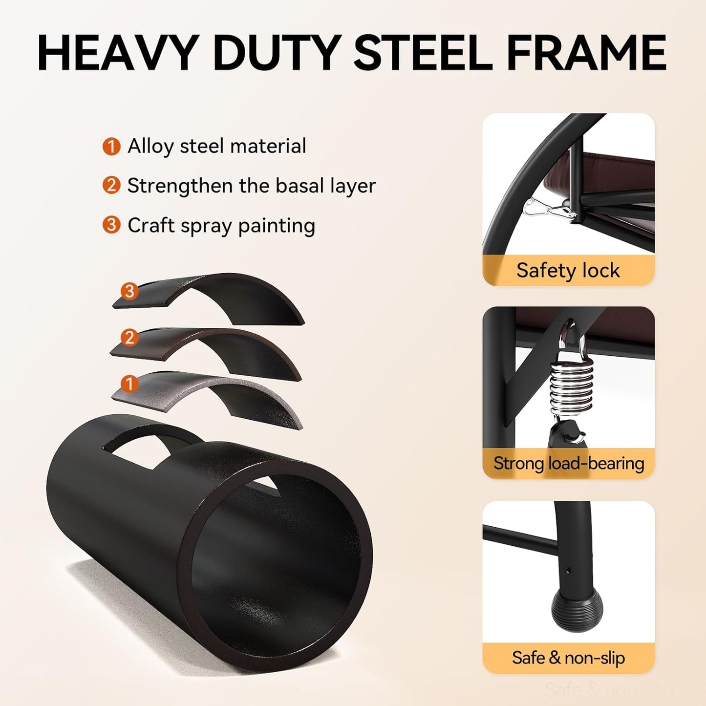 3-Seat Outdoor Patio Swing Glider - Heavy Duty Steel Frame with Adjustable Canopy & Removable Cushions - All Weather Porch Swings Chair for Backyard, Garden, Poolside - Brown