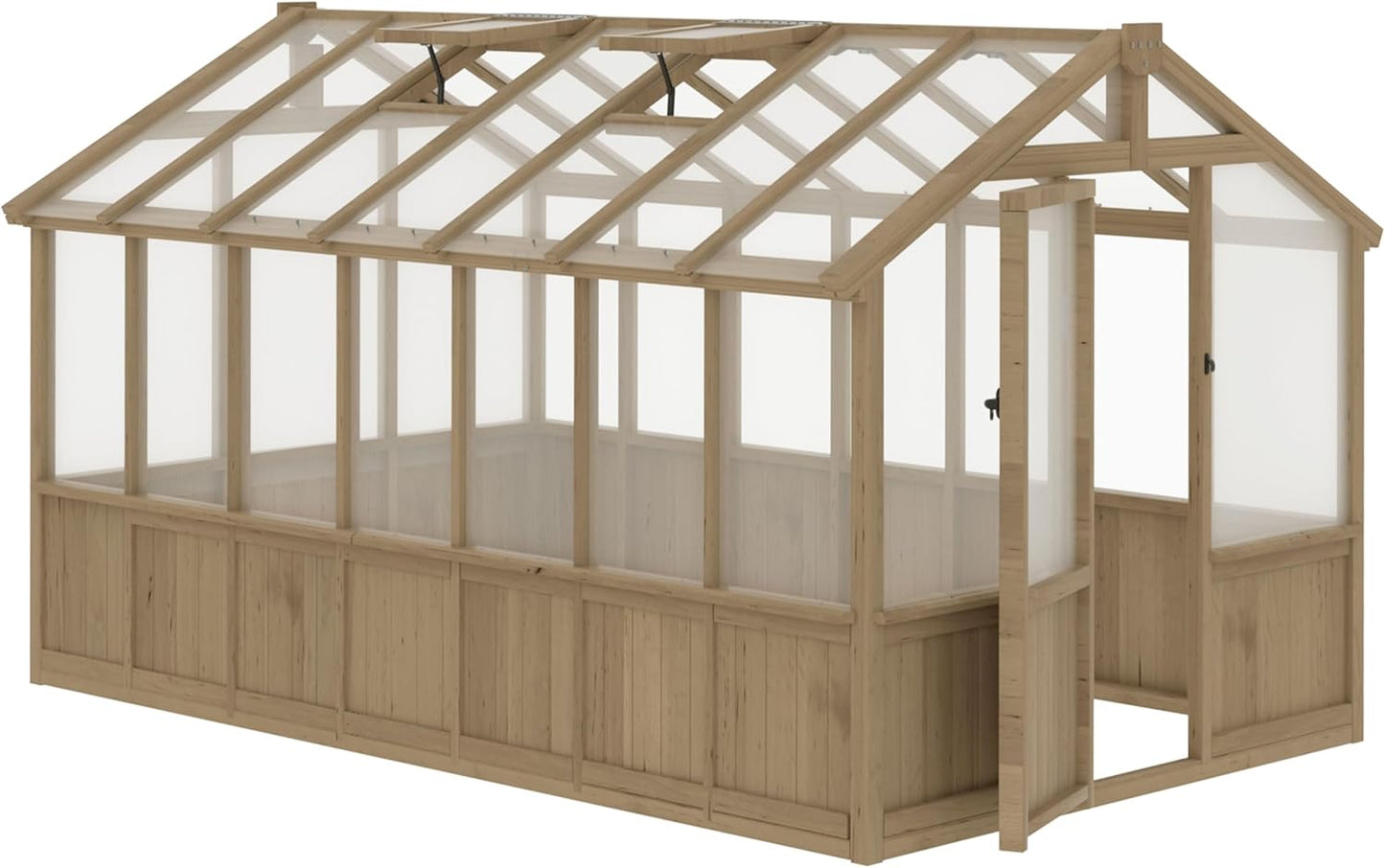8x14 FT Outdoor Greenhouse Kit, 6MM Thick Polycarbonate Panel Wooden Walk-in Green House with Adjustable Roof Vents & Roof Vents, Backyard Garden, Light Mocha Brown