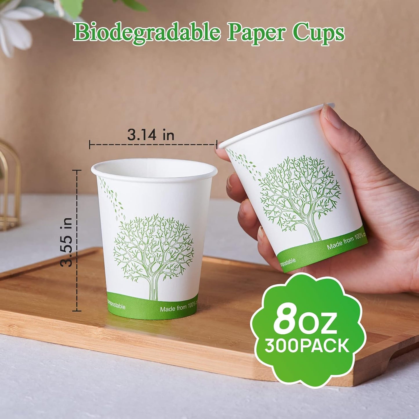 ECOLipak 300 Count Compostable Paper Cups, 8 oz Biodegradable Disposable Paper Coffee Cups with PLA Lined, Eco-friendly Hot Drinking Cups for Party, Picnic,Travel,and Events