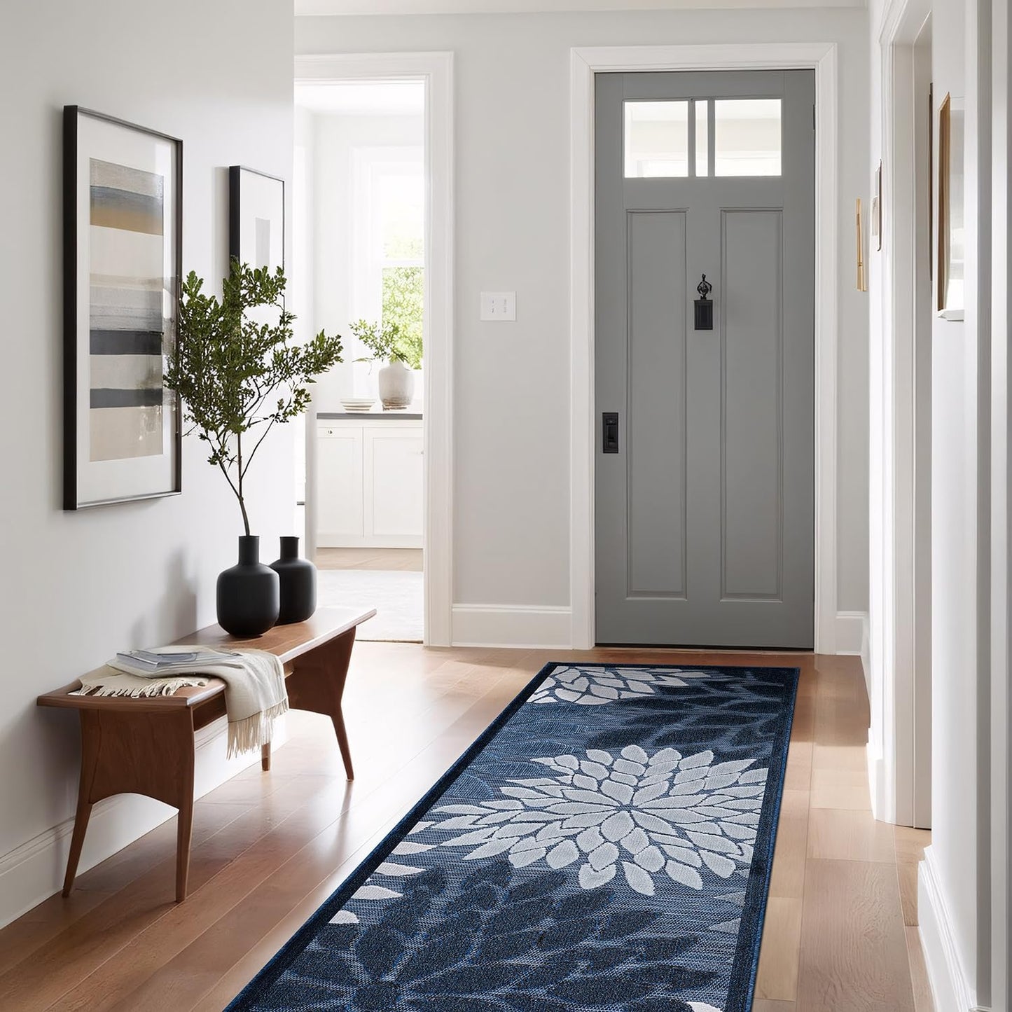 Beverly Rug Outdoor Runner Rug 2x7 Modern Floral Tropical Area Rugs for Indoor and Outdoor Patio Easy to Clean Non Shedding Living Room Porch Garden Washable Outside Carpet (2 x 7 Navy Blue)