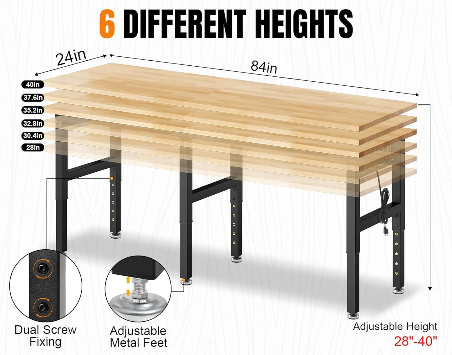 84” Adjustable Height Workbench, 5000 LBS Heavy Duty Table Rubber Wood Workstation with Power Outlet & Pegboard for Garage, Office, Workshop, Home,Commercial