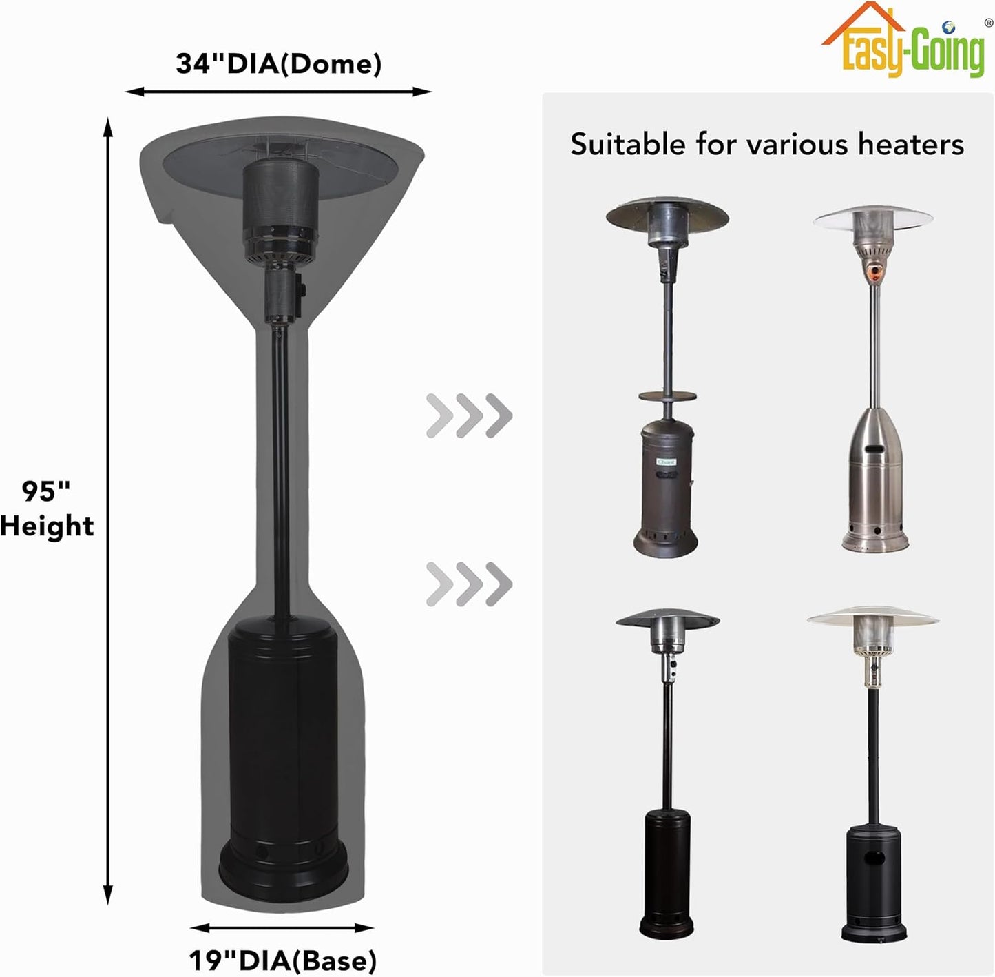 Easy-Going Stand-Up Patio Heater Cover with Zipper and Storage Bag, Waterproof Outdoor Heater Cover Dustproof, UV-Resisant, Wind-Resistant (95" H x 34" D x 19" B, Black)