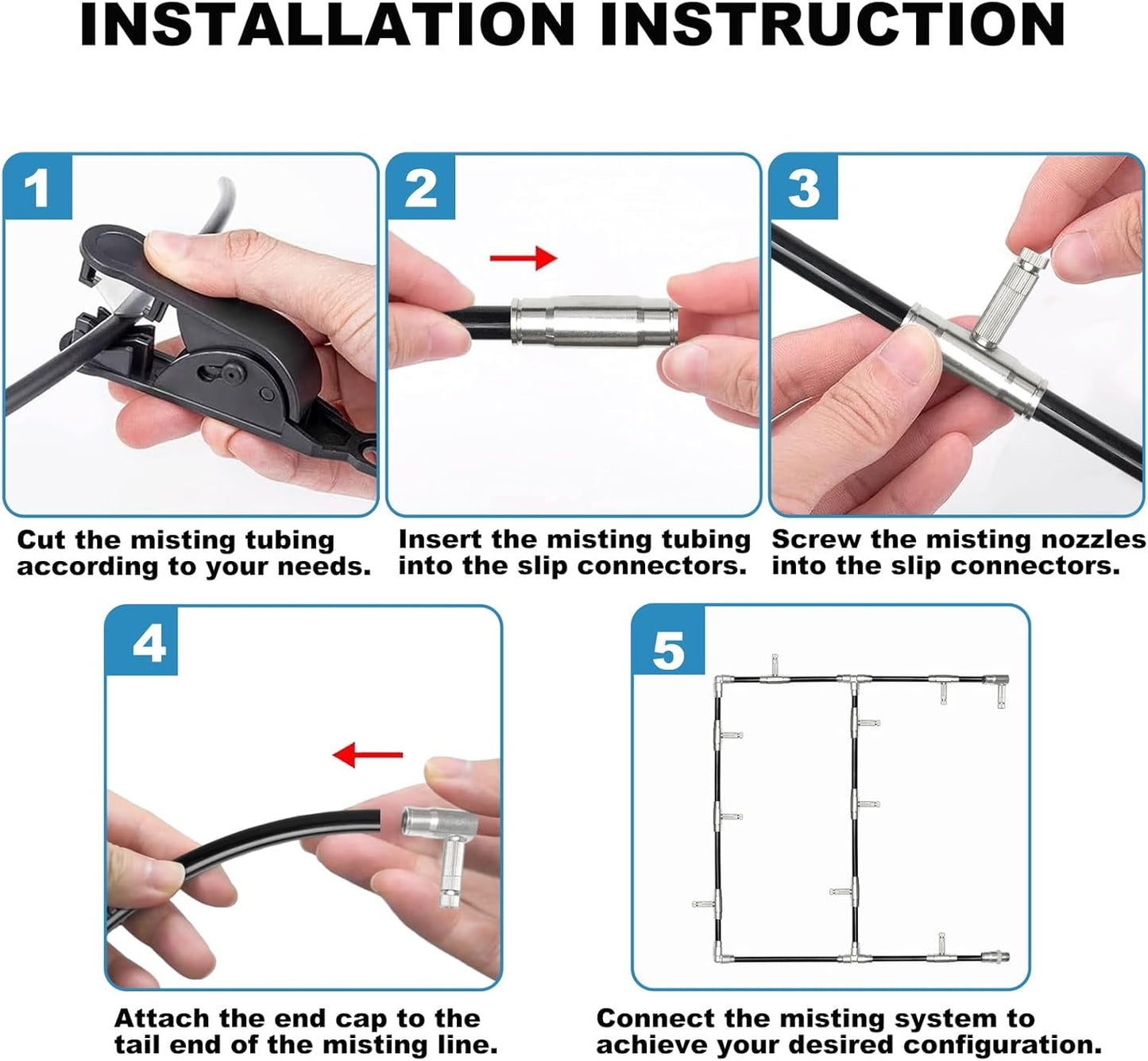 3/8" Brass Slip Connectors Kit for High Pressure Misting System – 5-Piece Brass Misting Nozzle Connectors (Straight, Elbow, Tee, 1/4" Male Lock, End) – 1500 psi