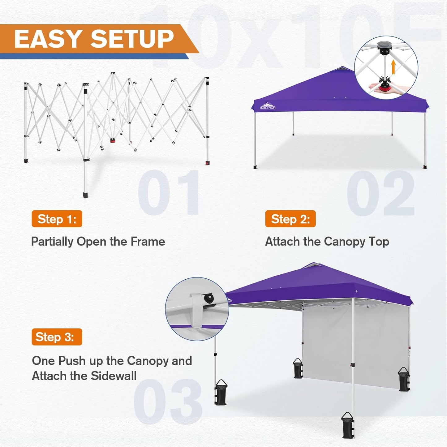 EAGLE PEAK Pop Up Canopy Tent with 1 Sidewall, Easy Setup Event Tent, Outdoor Sun Shade, Wheeled Carry Bag, Stakes and Guy Ropes, Instant Canopy 10x10, Purple