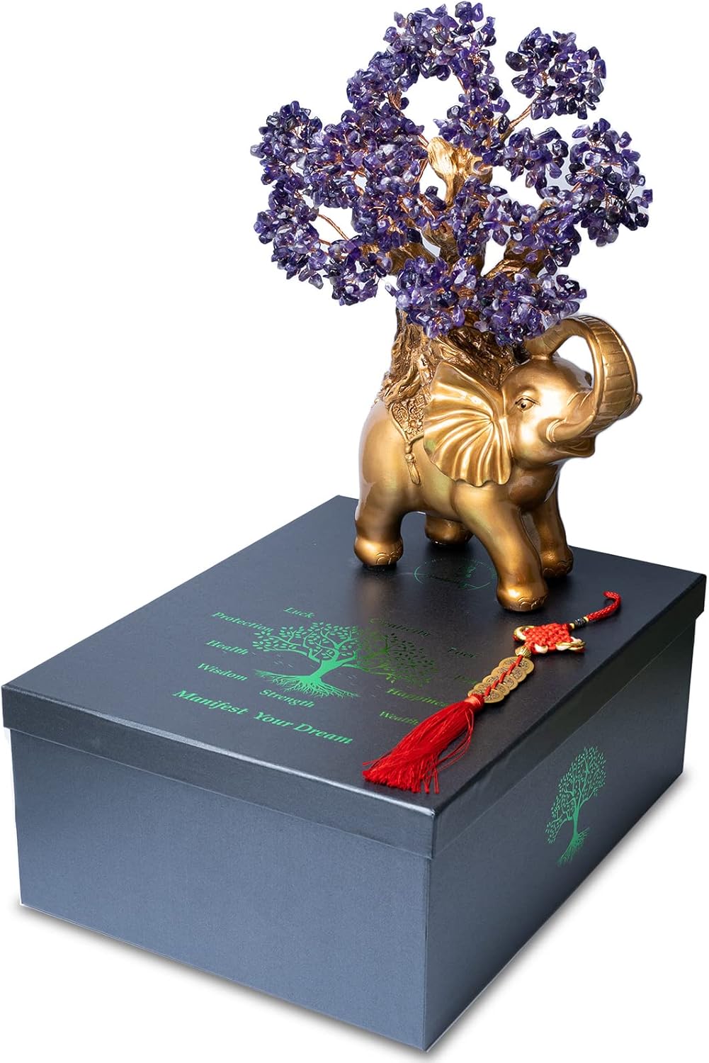 Amethyst Crystal Money Tree on Gold Elephant Statue, 17”Large Gemstone Bonsai Tree of Life Home Décor Gifts for Wealth Positive Energy, Feng Shui Décor