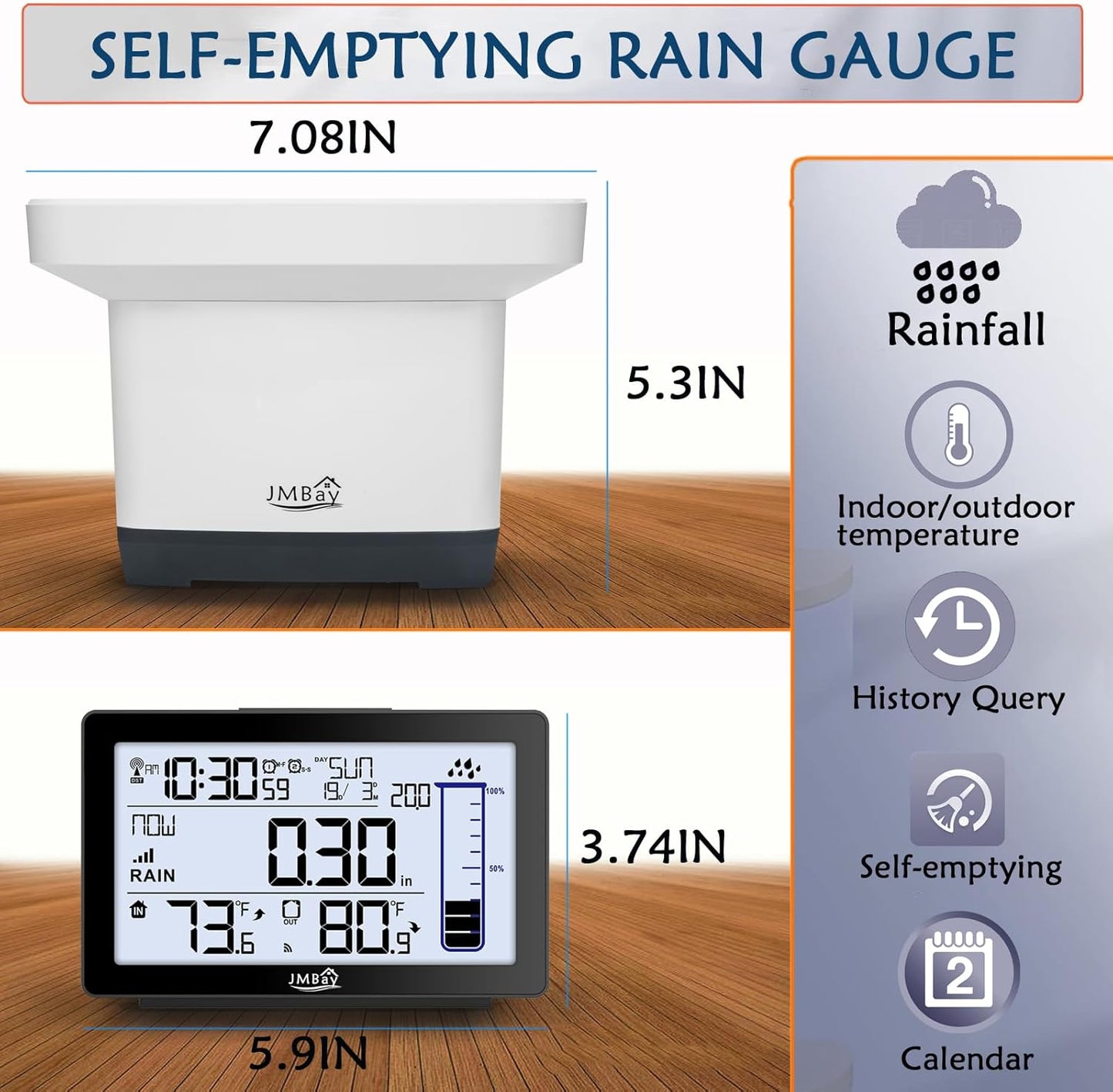 Digital Rain Gauge Outdoor with Thermometer, Self-Emptying Wireless Rain Gauges Outdoors Best Rated, High Precision Electronic Remote Rain Collector, Freeze Proof Automatic Rain Measure Gauge for Yard